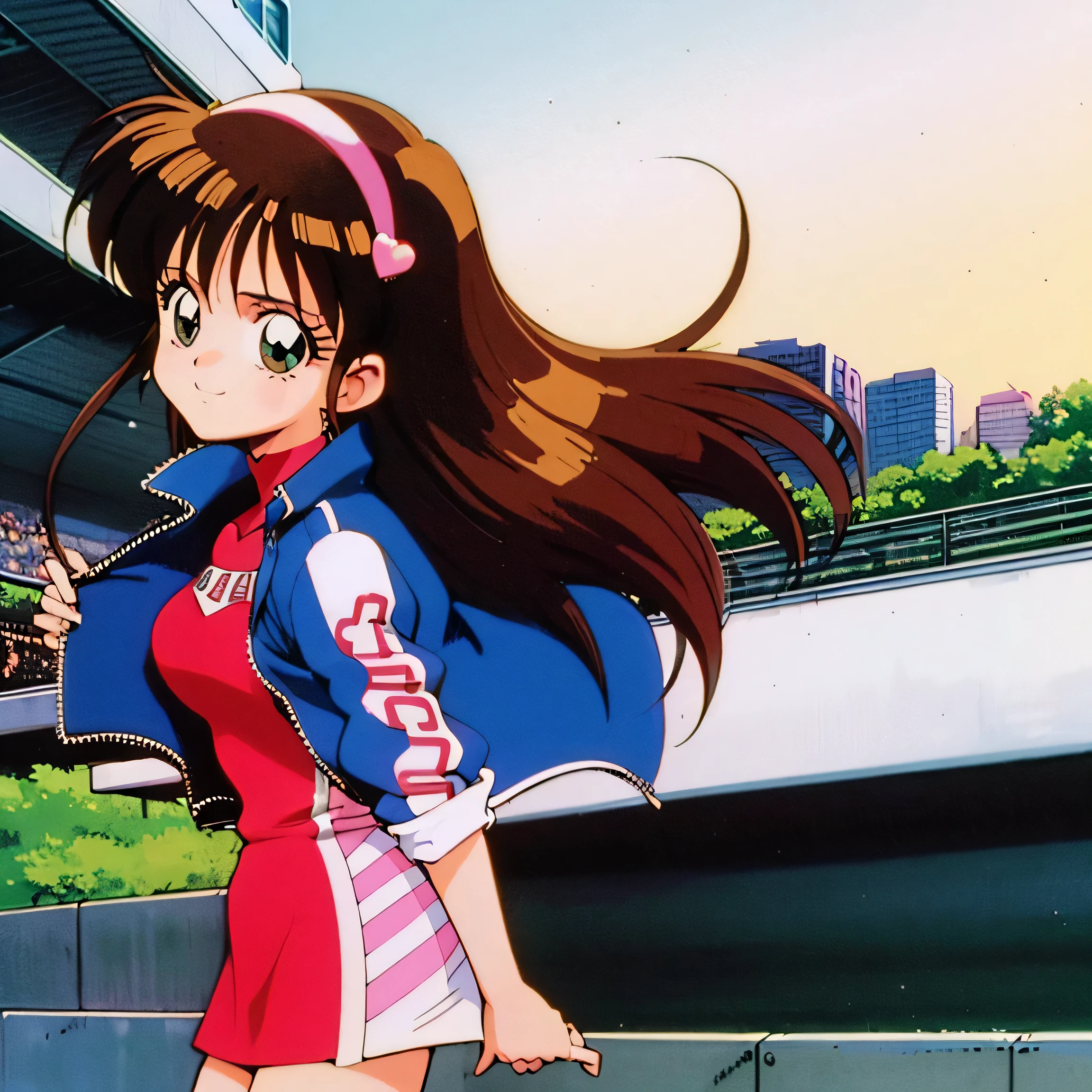 Asusdol, One Girl , Alone, green eyes, heart, hair ornament, jacket, dress,retro art style for stilets,1990s ( style for stilets), looking at viewer, smile, outdoor, null, cowboy shot , clevis cut out, race queen ,round butt