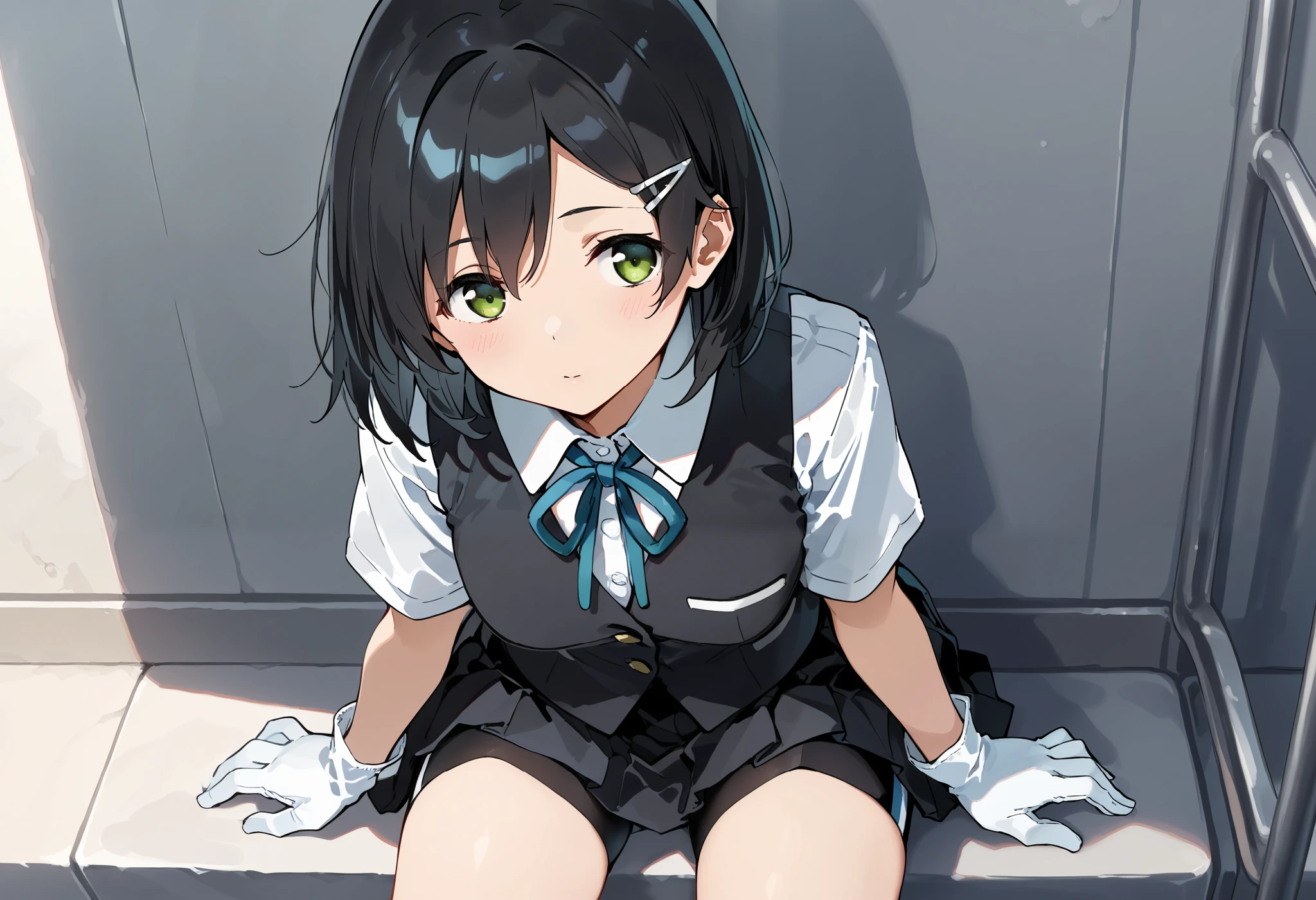 best quality , Masterpiece, high resolution, Alone, 1 girl,{kuroshio_kantaicollection:1.15}, green eyes,short hair, shirt, hair ornament, ribbon,school uniform, white shirt, short sleeves, pleated skirt, hairclip,white gloves, black skirt, medium hair,neck ribbon, black shorts, blue ribbon, black vest, shorts under skirt,