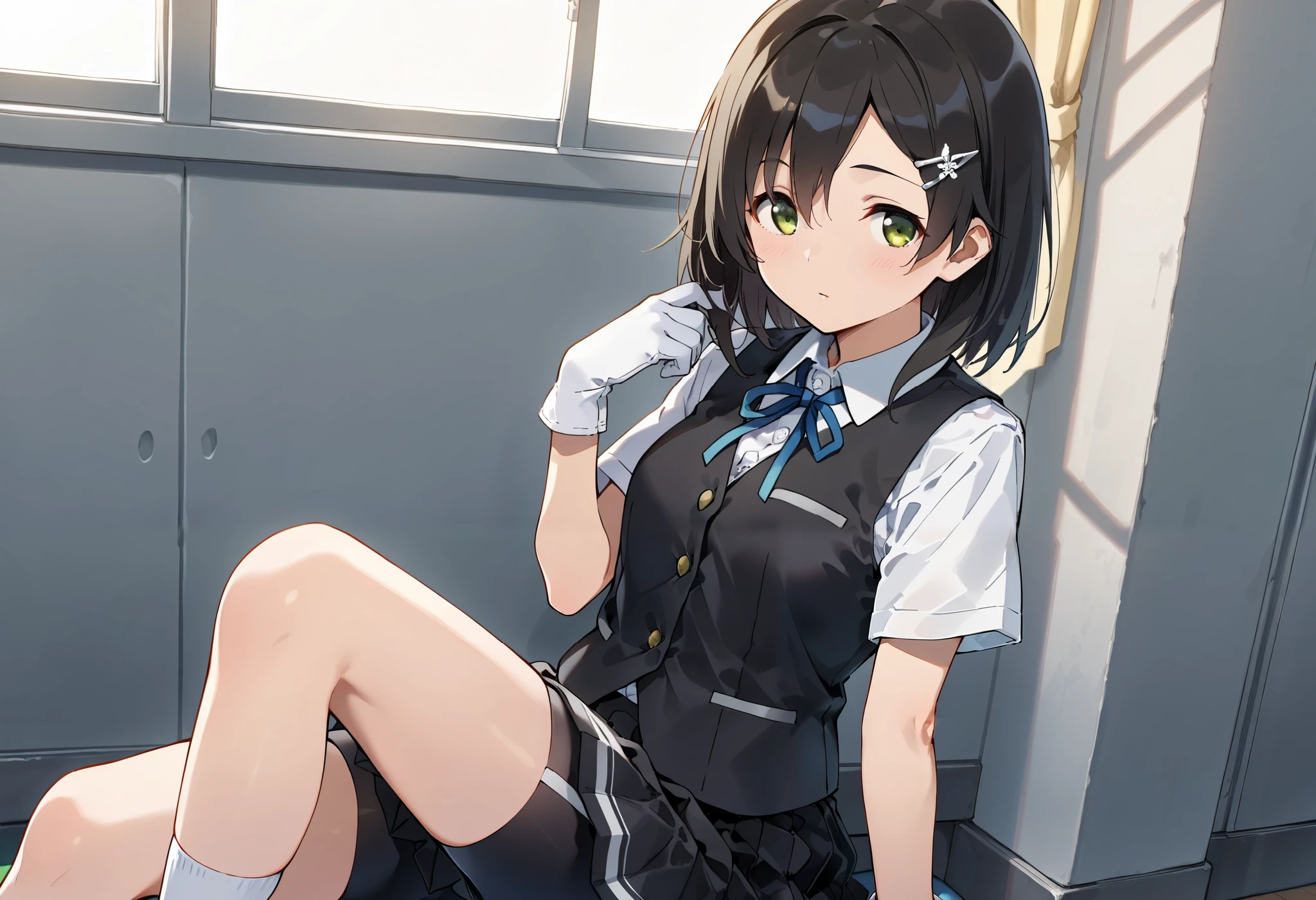 best quality , Masterpiece, high resolution, Alone, 1 girl,{kuroshio_kantaicollection:1.15}, green eyes,short hair, shirt, hair ornament, ribbon,school uniform, white shirt, short sleeves, pleated skirt, hairclip,white gloves, black skirt, medium hair,neck ribbon, black shorts, blue ribbon, black vest, shorts under skirt,