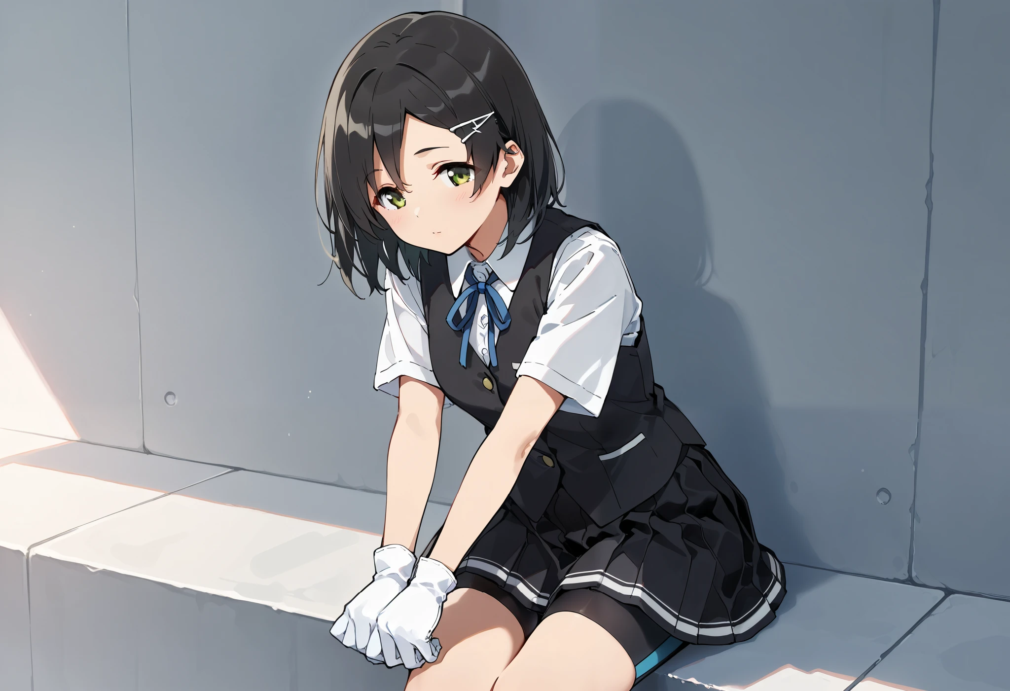 best quality , Masterpiece, high resolution, Alone, 1 girl,{kuroshio_kantaicollection:1.15}, green eyes,short hair, shirt, hair ornament, ribbon,school uniform, white shirt, short sleeves, pleated skirt, hairclip,white gloves, black skirt, medium hair,neck ribbon, black shorts, blue ribbon, black vest, shorts under skirt,