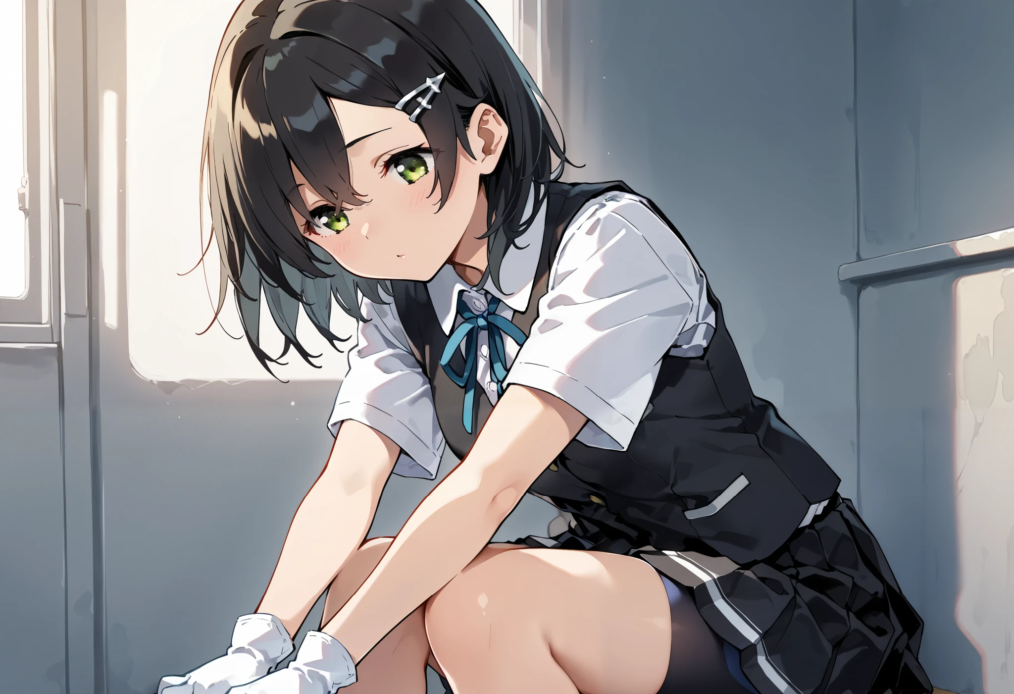 best quality , Masterpiece, high resolution, Alone, 1 girl,{kuroshio_kantaicollection:1.15}, green eyes,short hair, shirt, hair ornament, ribbon,school uniform, white shirt, short sleeves, pleated skirt, hairclip,white gloves, black skirt, medium hair,neck ribbon, black shorts, blue ribbon, black vest, shorts under skirt,