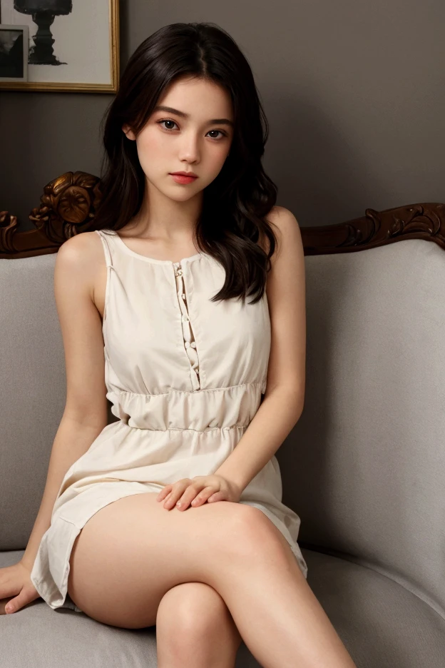 The girl laying on couch with a boy and her face is mad but it's cute . Cute dresses, cute style , full body