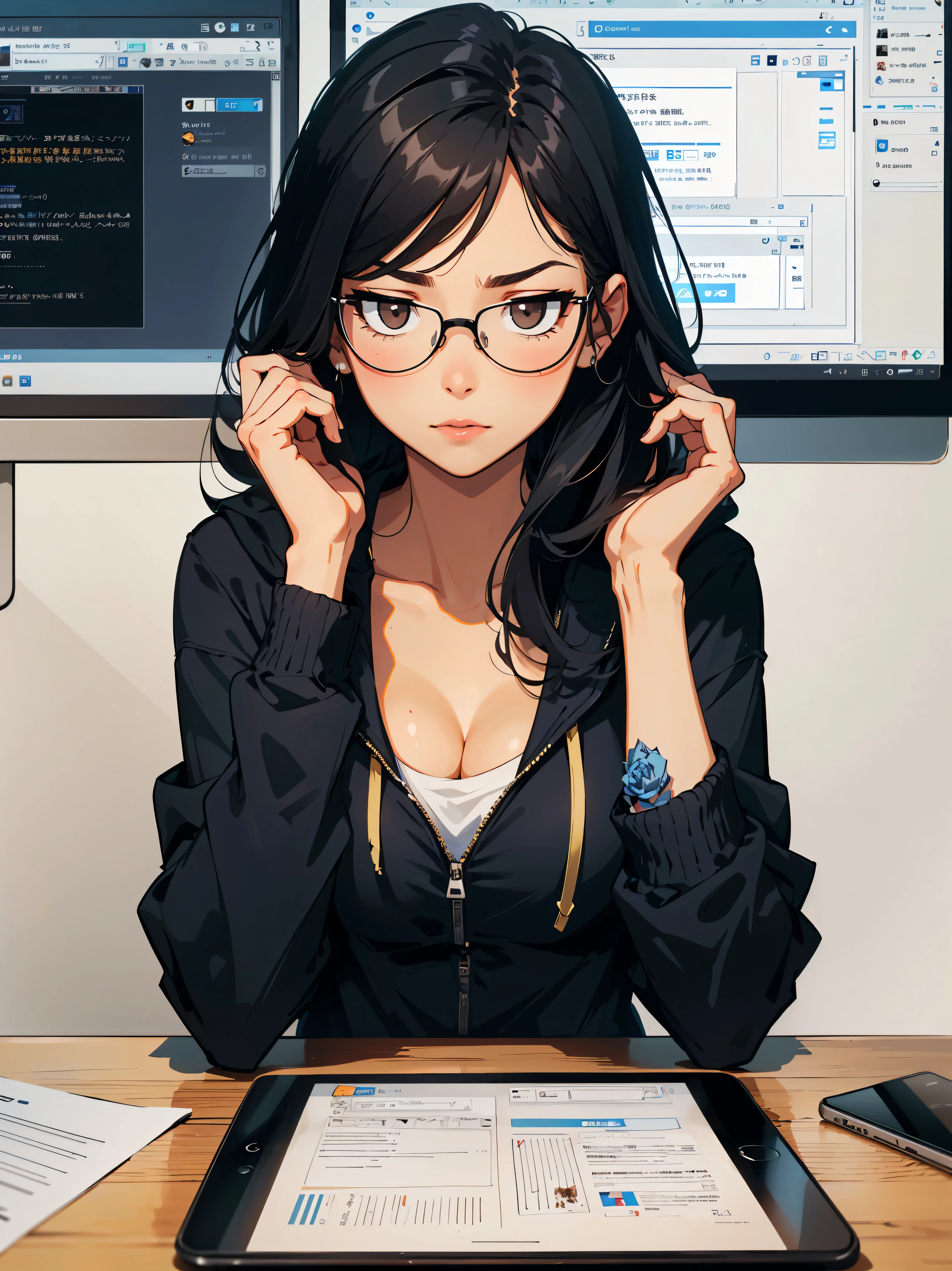 masterpiece, high quality, 1_woman, (upper body), mature, tall, beautiful, (tan skin_complexion:1.3), exotic, black long hair, brown colored eyes, dark eyeliner, looking at the viewer, (((stressed face))), wearing glasses, ((sitting at computer desk)), holding stylus, medium_bust, cleavage, wearing black hoodie, jeans, hair ornament, (blue rose in hair), coffee mug, tablet on desk, phone on desk, (((dark computer room))),