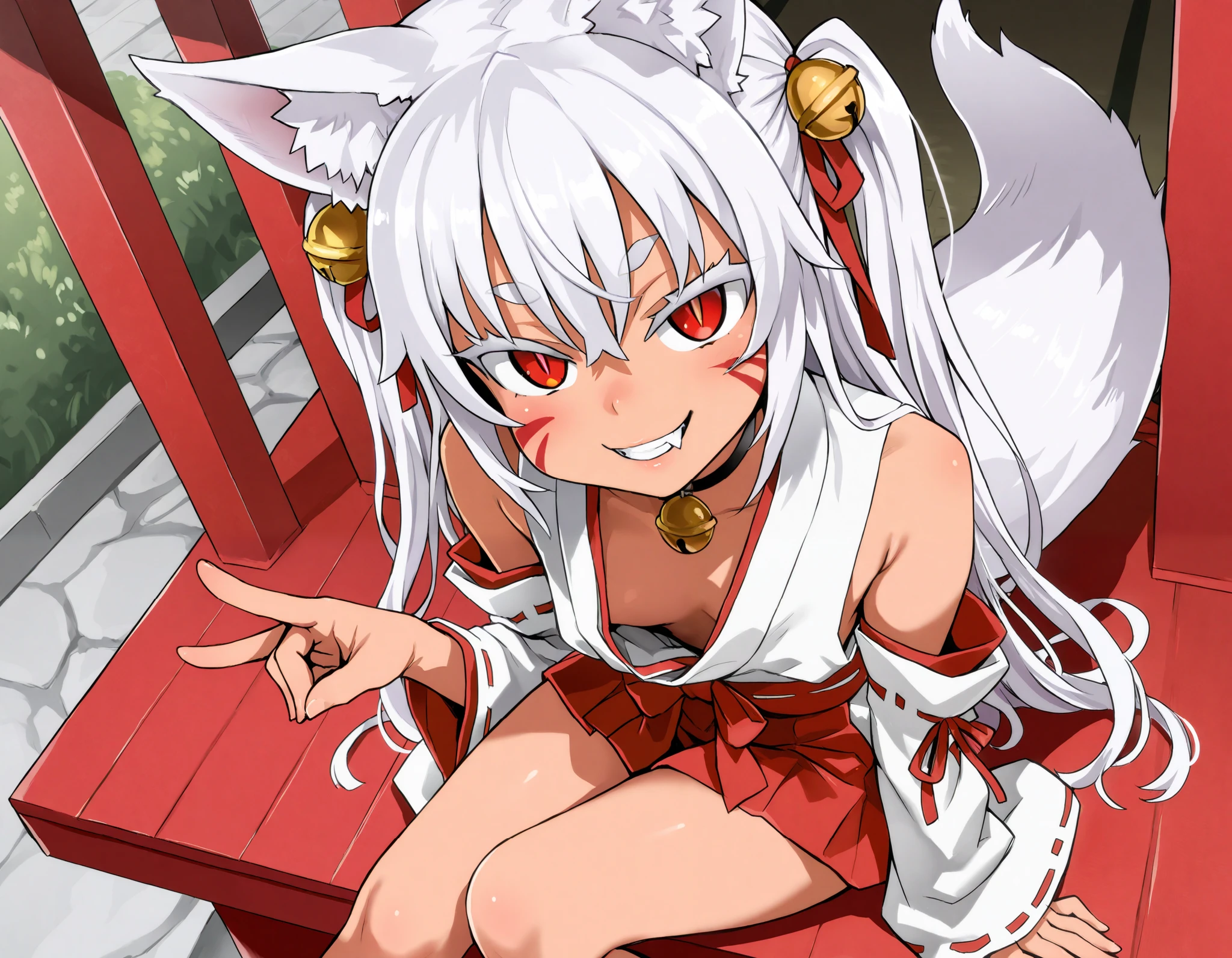 (best quality, highest quality:1.2), masterpiece, Ultra-high resolution, rich contrasts, HD, 8k, fine skin, no makeup, ideal ratio body proportions,
1girl, anime girls, asanagi style, mesugaki, dark skin, tan, red eye, slit pupils, ((white fox ear, white fox tails)), Wicked Smile, evil grin, fang,
very long two side up, white Hair, thick eyebrows, red highlights hair, Hair ribbon bell, bell choker, bimbo, ((dim body)), flat_chest, (facial mark), (Corona Hand Gesture),
nontraditional miko, bare shoulders, miko, red obi sash, red short skirt, skirt cutout, shirt in, downblouse,
looking at viewer, lewd, cute, big eyes, ero, ecchi, Sitting with Knees Up,
Score_9,Score_8,score_7_up,source_anime, rating_questionable, shrine,