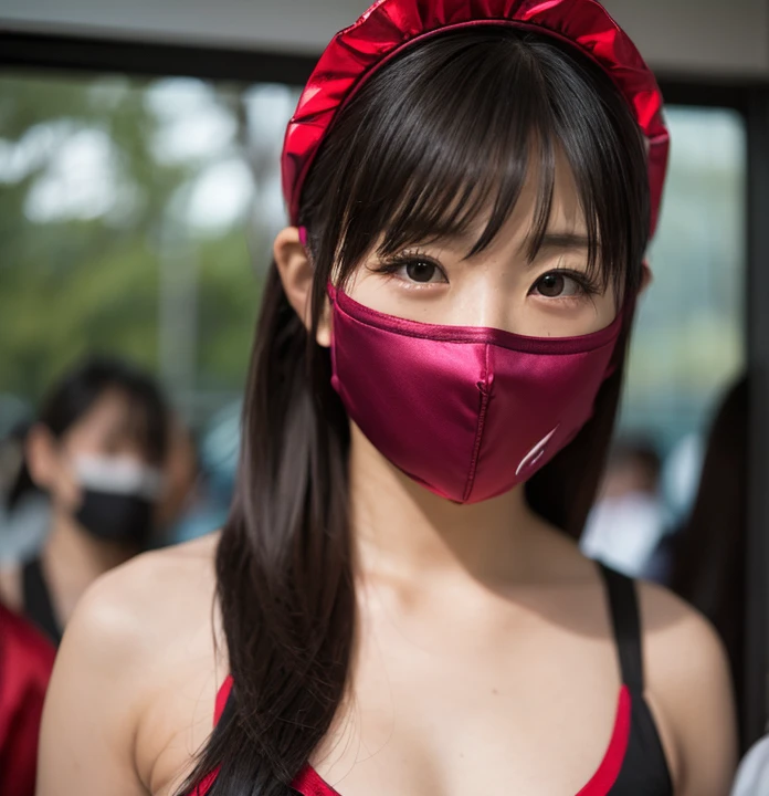 lens 135mm f1.8, (masterpiece, best quality:1.2), (raw photo), (a beautiful Japanese Sweden girl),  (red hair in a twin-tail bun), (light pink sports jersey), (slim pants), 
 (at the sunlight street), 