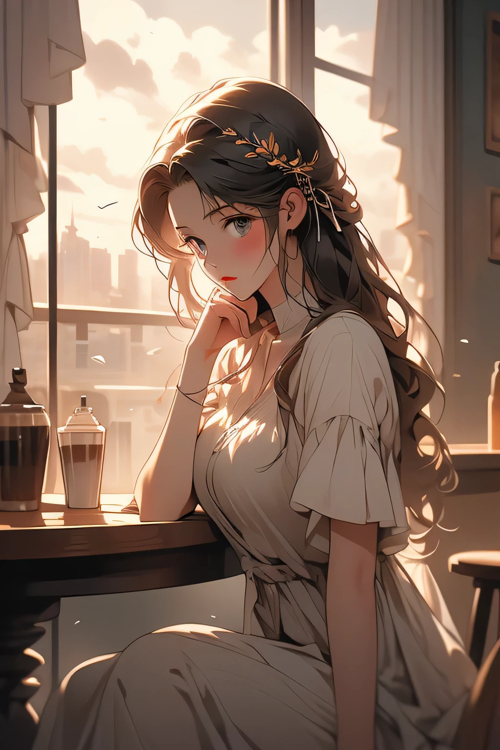 best quality 、 high resolution、( HD:1.2)、masterpiece、 detailed background 、 details、( detailed color:1.4)、 detailed expressions 、 detailed eyes、 anatomically correct、(Normal number of fingers:1.2)、age beauty、( big size:1.3)、 A cute coffee shop with a nostalgic atmosphere where soft sunlight shines in 、That moment of quiet melancholy drifts in the air 、 The small items casually displayed in the interior that feels the warmth of wood create a gentle space 、
( A woman sitting by the window quietly staring at the winter cityscape through cloudy glass :1.5)、
The aroma of coffee rising from the cup blends with the sound of the piano flowing through the store and envelops her heart 、 A letter is placed on the table and ink that hasn't dried up yet is on her chest It tells the story of the inside、 The atmosphere spreads like the whole coffee shop gently hugging her 、 Add ribbons and hair accessories to half-ups, etc.
