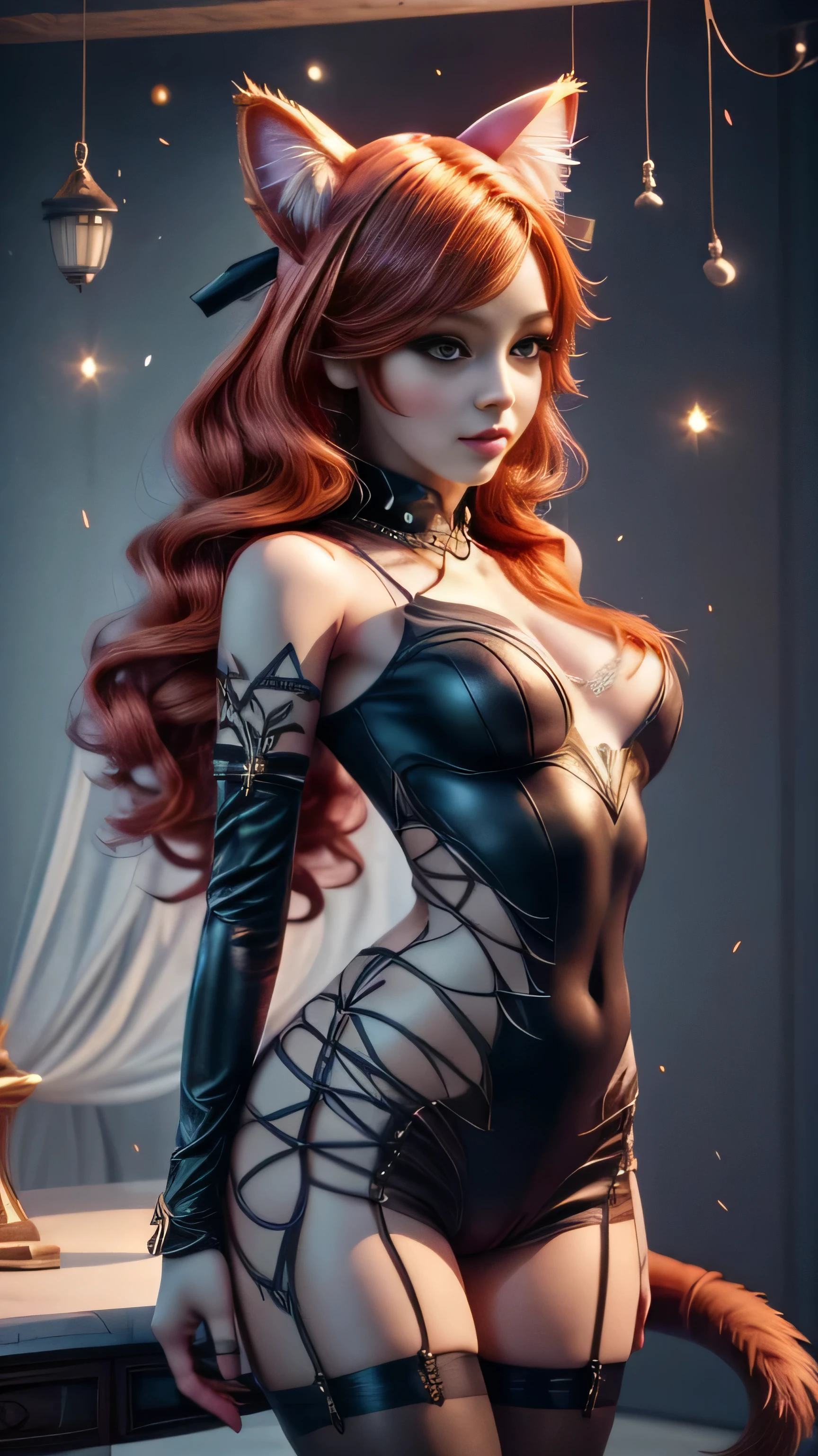 there is a doll with red hair and a cat ears, full body of a goth catgirl, dollpunk, artdoll, [ trending on cgsociety ]!!, beautiful young catgirl, wlop loish and clamp style, cgsociety ), cgsociety - w 1 0 2 4 - n 8 - i, cgsociety 9, bjd, cgsociety