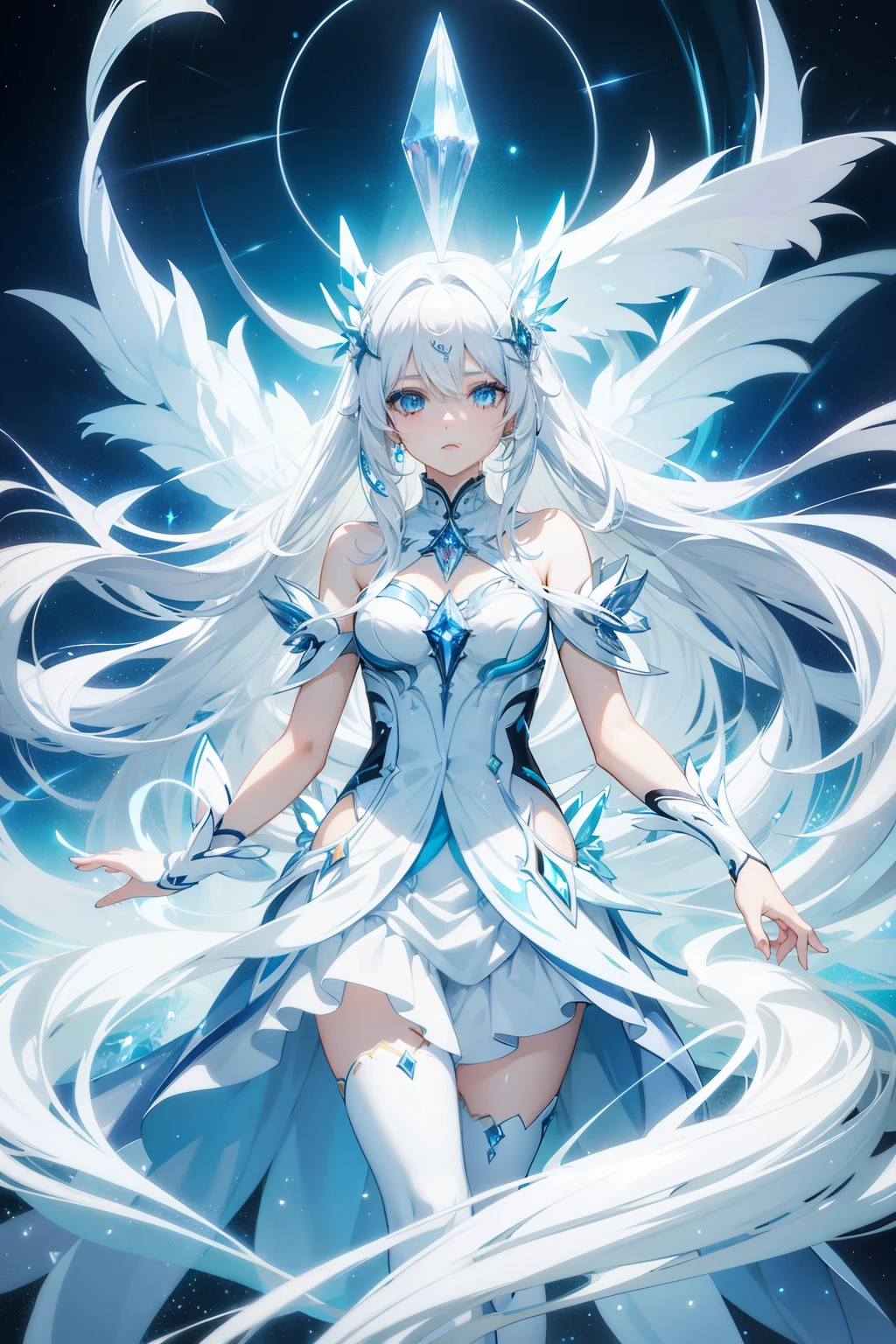Anime girl with white hair and blue dress standing in front of a star ...