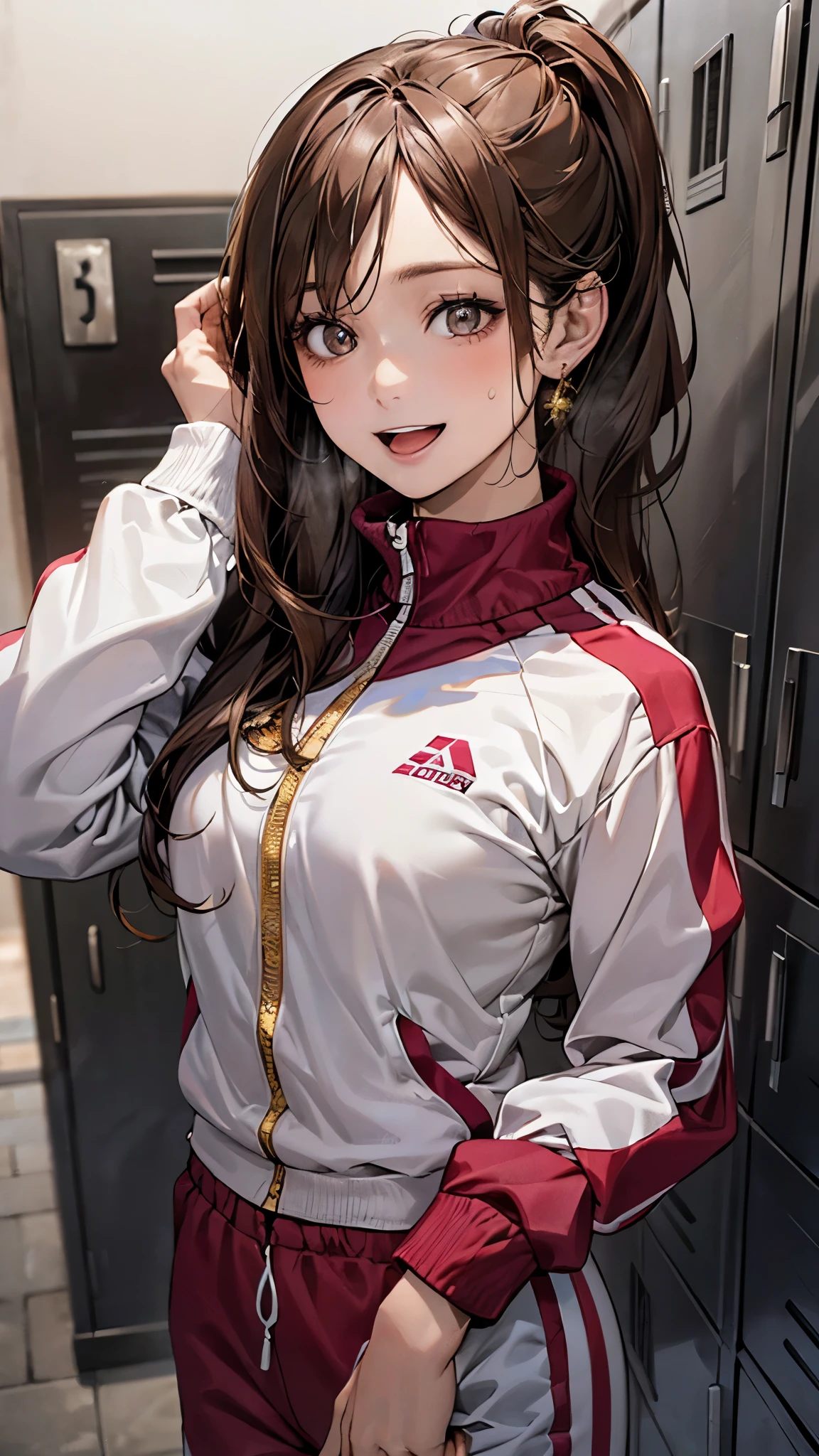 (masterpiece:1.3, top-quality, ultra high res, ultra detailed), (realistic, photorealistic:1.3), beautiful illustration, perfect lighting, natural lighting, colorful, depth of fields, 2025s, nsfw, 
beautiful detailed hair, beautiful detailed face, beautiful detailed eyes, (perfect anatomy, anatomically correct, super detailed skin), white skin, shiny skin, 
looking at viewer, (face focus, upper body), 1 girl,  girl, cute and symmetrical face, perfect face, perfect eyes, perfect body, babe, cute face:1.2, tiny, 
(long hair, topknot, straight hair, long sidelocks, dark brown hair), parted bangs, gold eyes, big eyes, long eye lasher, (large breasts, seductive thighs), slender, 
(detailed cloth texture), break (track suit:1.5), break 
(beautiful scenery), summer, evening, (locker room), standing, (pose with movement), (lovely smile, open mouth), 