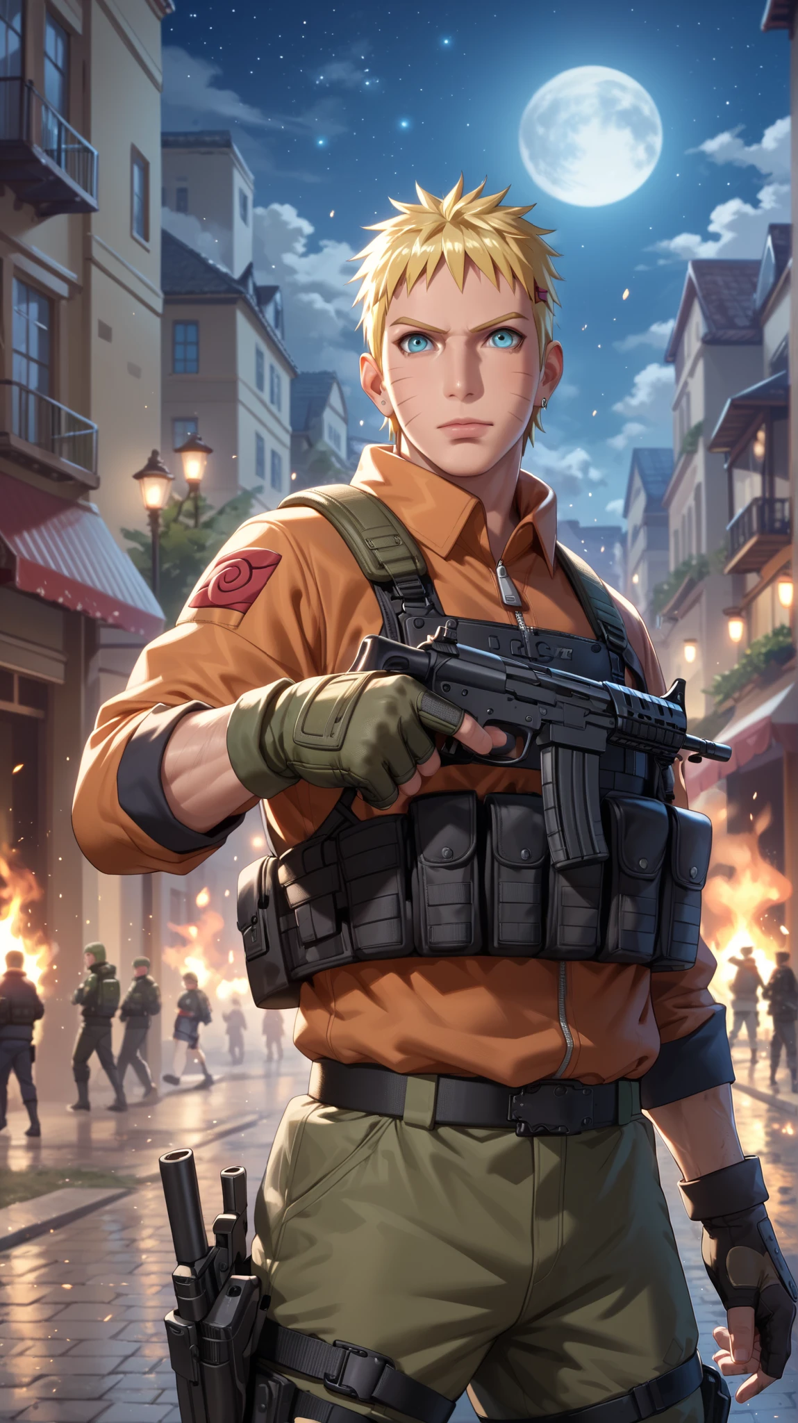 Score_9, Score_8_up, Score_7_up, Score_6_up, Score_5_up, Score_4_up, Source_anime, Tag1, Tag2, quality_masterpiece, Anatomically correct, athletic torso, fit build, mature male, Naruto, hip-hop elements, BREAK action_standi g, pose_pointing, night, urban, building on fire, smoke, dirty, moon, stars, pointing a gun, black tactical suit, Looking at viewer, tactical gear
