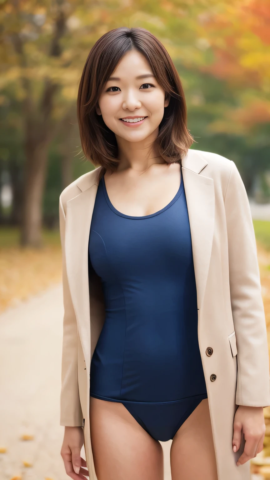best quality 、8k、Masterpiece、 super high definition、Clear Photo、 professional lighting 、 natural light、 realistic、 perfect anatomy、 one woman、:1.8、Big Breasts、saggy breasts:1.9、 short bob hair、 beautiful hair、smile、(dark blue u883 school swimsuit)、 Long Coat 、 sneakers、(( autumn park、 lots of people、congestion))、 stand and pose
