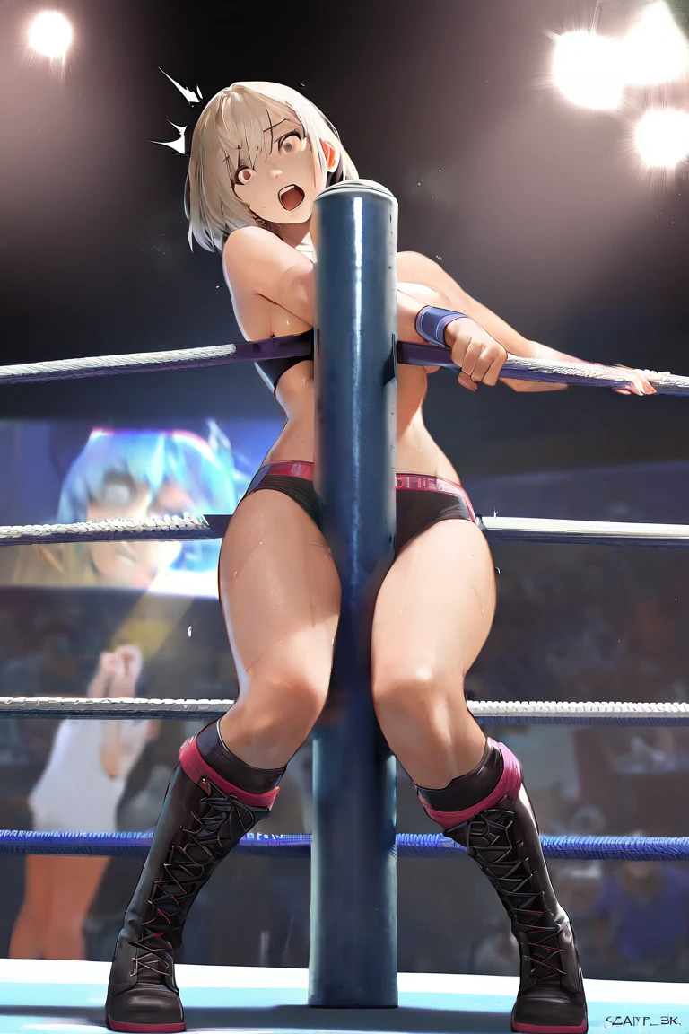 ((masterpiece)), ((high quality)), ((super detailed)), ((high resolution)) ,((8k)), a beautiful woman, ((She is one of the most famous female Gravure idol in the world.)), unparalleled beauty, ((huge breast)), ((large ass)), ((deep cleavage)), slim waist, chest out, ultra detailed face, perfect skin, (((Half-up hairstyle, Blonde Ponytail hair))), blue eyes, detailed eyes, whole body image, sexy, an inviting smile, sensual, (((anime))), ((glamorous)), sexual attraction, 26 years old, ((incredibly beautiful woman)), ((The H cup bust)), ((((sexy pose)))) , (((Sports Bra, Shorts))), ((beautiful breasts)), beautiful legs, 8 life size, anime, the most beautiful and strongest, ((charm)), ((Half Japanese and half British)), ((Grown-up face)), ((Open Finger Gloves, Five fingers)), ((Mixed Martial Arts, Good at ground fighting, She's falling in the ring.)),