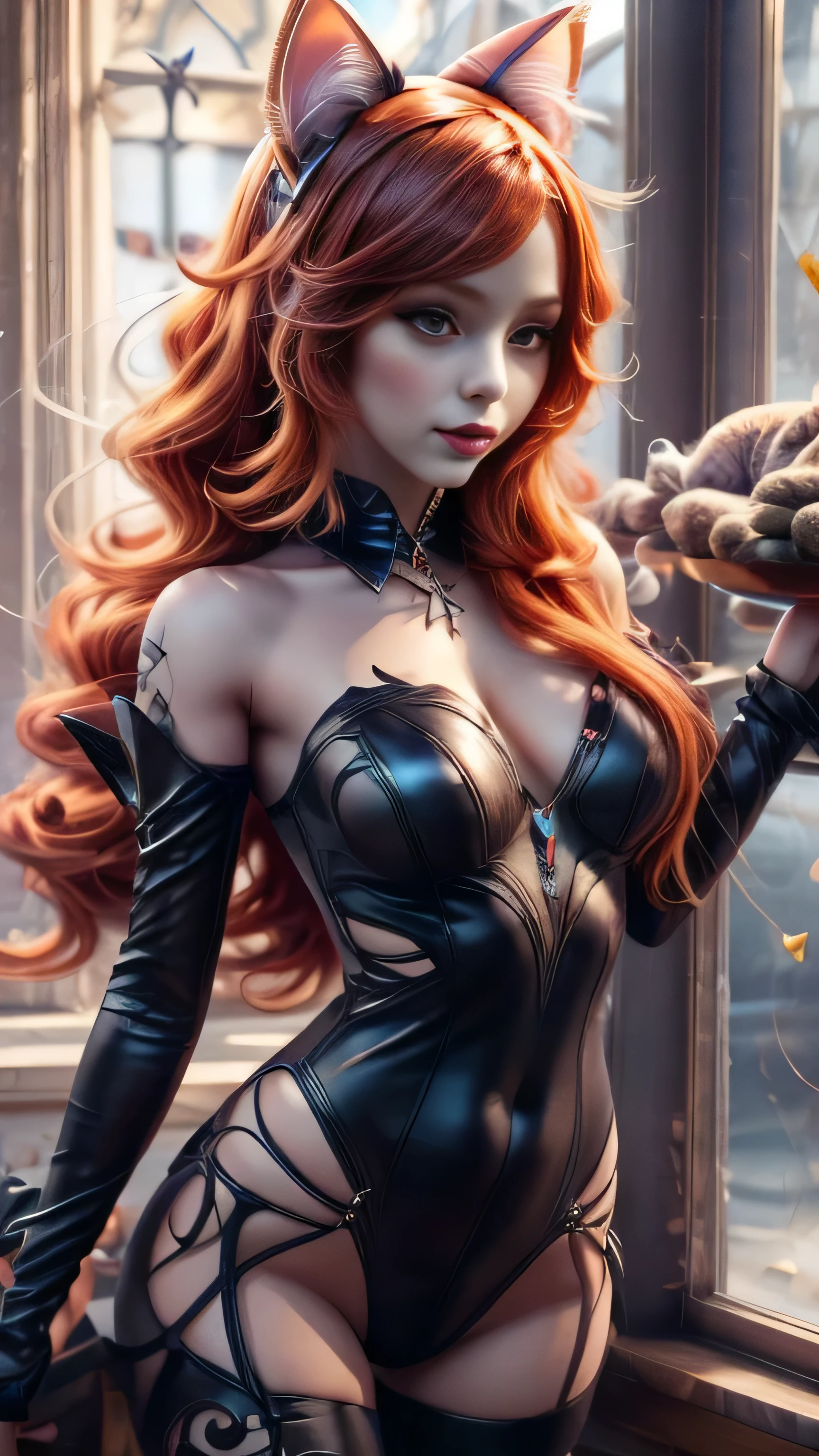 there is a doll with red hair and a cat ears, full body of a goth catgirl, dollpunk, artdoll, [ trending on cgsociety ]!!, beautiful young catgirl, wlop loish and clamp style, cgsociety ), cgsociety - w 1 0 2 4 - n 8 - i, cgsociety 9, bjd, cgsociety
