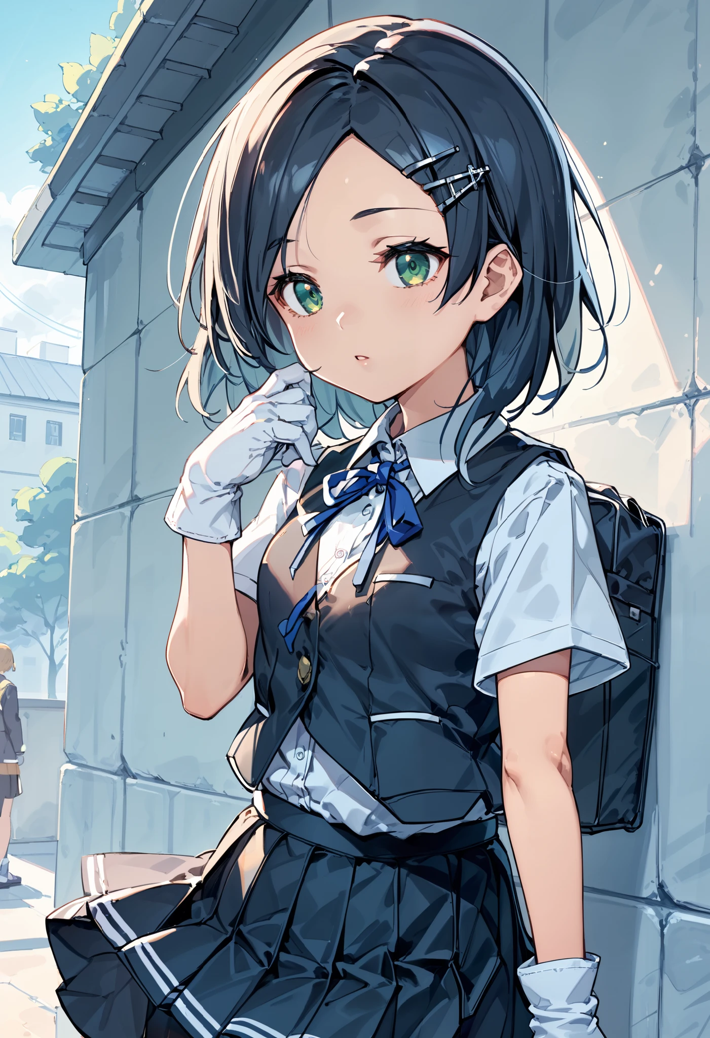 best quality , Masterpiece, high resolution, Alone, 1 girl,{kuroshio_kantaicollection:1.15}, green eyes,short hair, shirt, hair ornament, ribbon,school uniform, white shirt, short sleeves, pleated skirt, hairclip,white gloves, black skirt, medium hair,neck ribbon, black shorts, blue ribbon, black vest, shorts under skirt,
