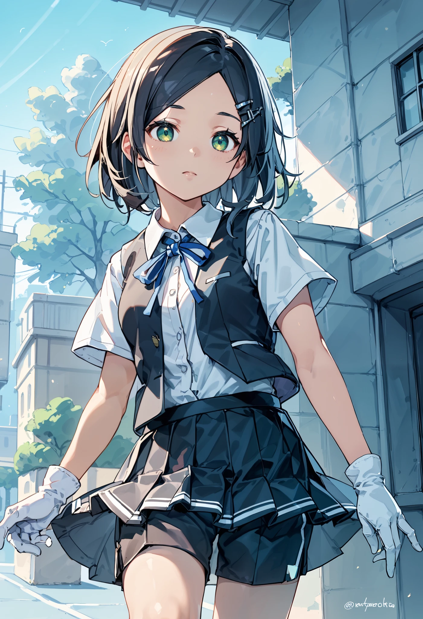 best quality , Masterpiece, high resolution, Alone, 1 girl,{kuroshio_kantaicollection:1.15}, green eyes,short hair, shirt, hair ornament, ribbon,school uniform, white shirt, short sleeves, pleated skirt, hairclip,white gloves, black skirt, medium hair,neck ribbon, black shorts, blue ribbon, black vest, shorts under skirt,