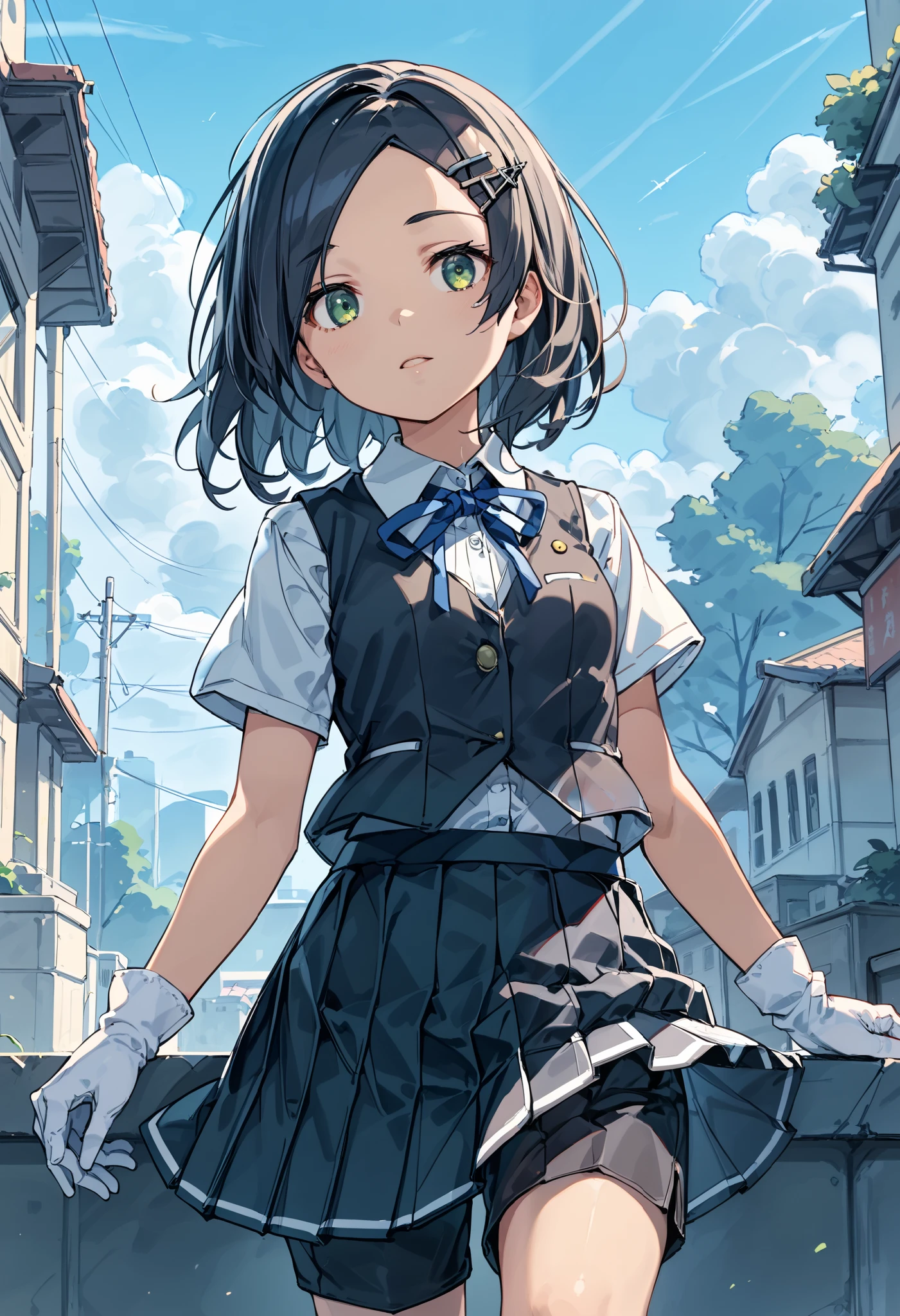 best quality , Masterpiece, high resolution, Alone, 1 girl,{kuroshio_kantaicollection:1.15}, green eyes,short hair, shirt, hair ornament, ribbon,school uniform, white shirt, short sleeves, pleated skirt, hairclip,white gloves, black skirt, medium hair,neck ribbon, black shorts, blue ribbon, black vest, shorts under skirt,