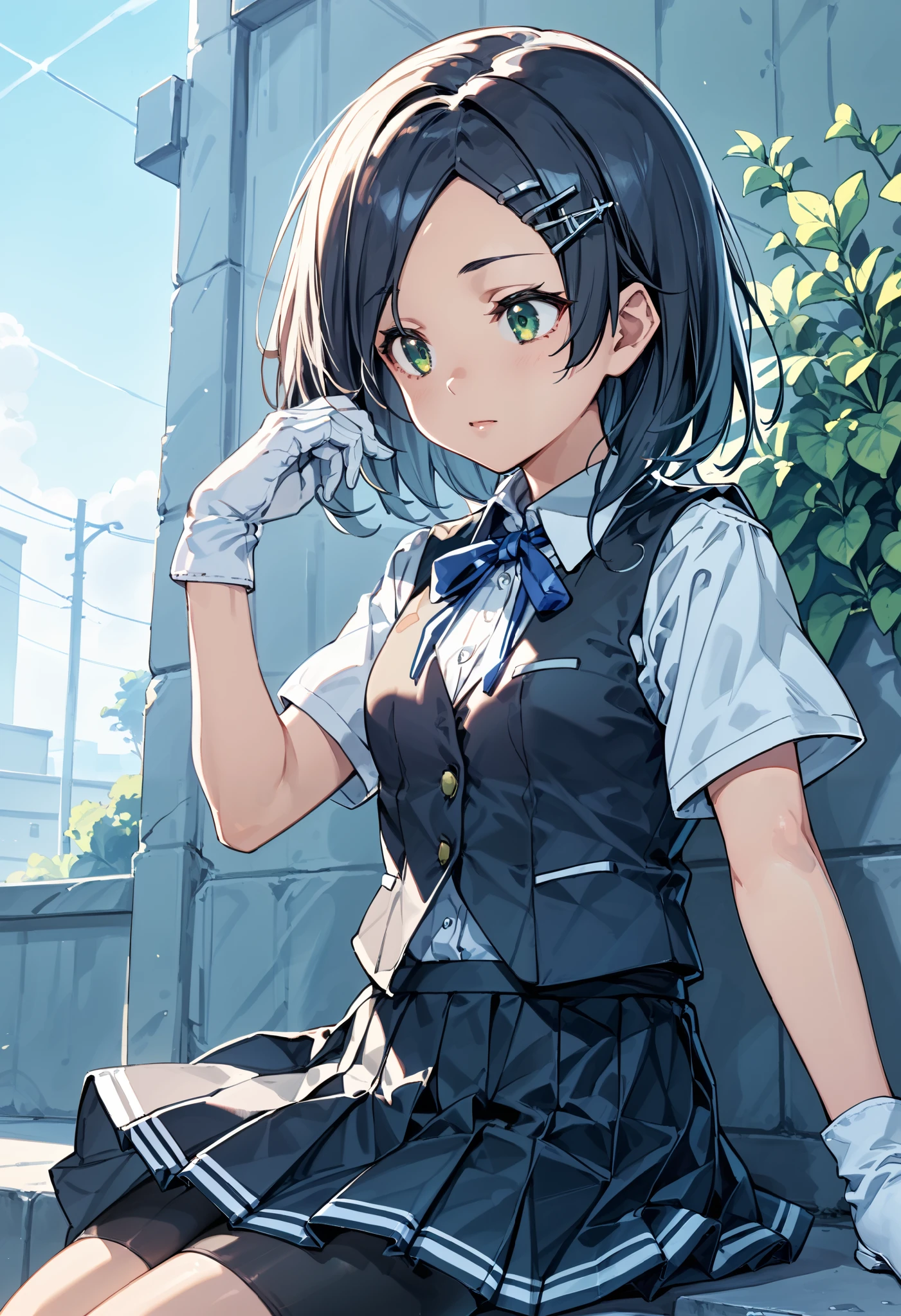 best quality , Masterpiece, high resolution, Alone, 1 girl,{kuroshio_kantaicollection:1.15}, green eyes,short hair, shirt, hair ornament, ribbon,school uniform, white shirt, short sleeves, pleated skirt, hairclip,white gloves, black skirt, medium hair,neck ribbon, black shorts, blue ribbon, black vest, shorts under skirt,