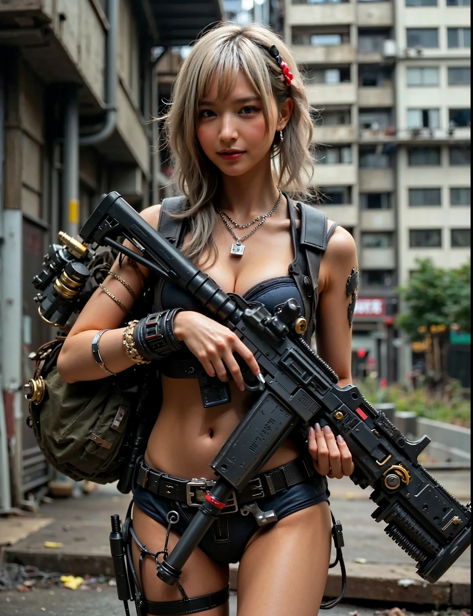 (Completely live action:1.37), (Amazingly realistic textures:1.37), (masterpiece, best quality:1.2), (8k uhd, 16k, 32k, ultra high res), amazingly realistic skin, amazingly realistic photo, superrealism, (photorealistic:1.37), (RAW photo), ultimately realistic, (ultimately realistic all details), (ultimately realistic all textures), super realistic lighting, super realistic shadow, (japanese girl:1.5), (realistic idol face), smiling, happy, super realistic face, ultimately realistic skin, ultimately realistic eyes, (mascara:1.35)ultimately realistic background, ultimately realistic detail up, (kkw-ph1:1.25), (Canon EOS R6, 85mm, 1/200s, f/5.6, ISO 1600), (tattoo), (mechanical armor:1.37), (blue eyes:1.2), (silver hair:1.3), 