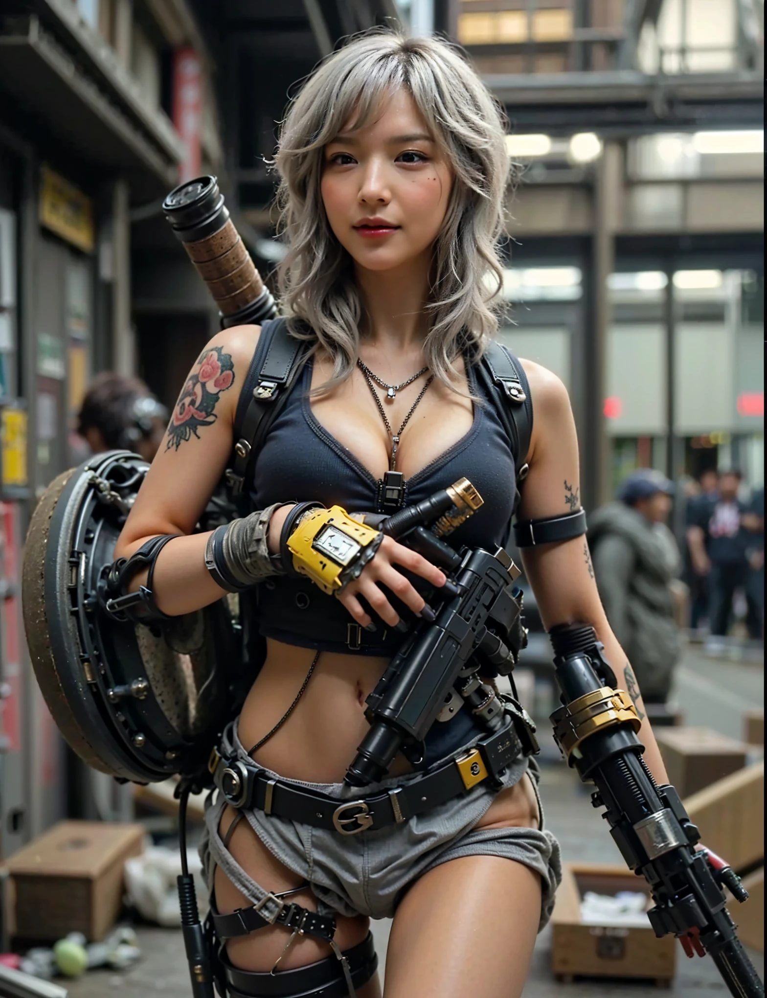 (Completely live action:1.37), (Amazingly realistic textures:1.37), (masterpiece, best quality:1.2), (8k uhd, 16k, 32k, ultra high res), amazingly realistic skin, amazingly realistic photo, superrealism, (photorealistic:1.37), (RAW photo), ultimately realistic, (ultimately realistic all details), (ultimately realistic all textures), super realistic lighting, super realistic shadow, (japanese girl:1.5), (realistic idol face), smiling, happy, super realistic face, ultimately realistic skin, ultimately realistic eyes, (mascara:1.35)ultimately realistic background, ultimately realistic detail up, (kkw-ph1:1.25), (Canon EOS R6, 85mm, 1/200s, f/5.6, ISO 1600), (tattoo), (mechanical armor:1.37), (blue eyes:1.2), (silver hair:1.3),