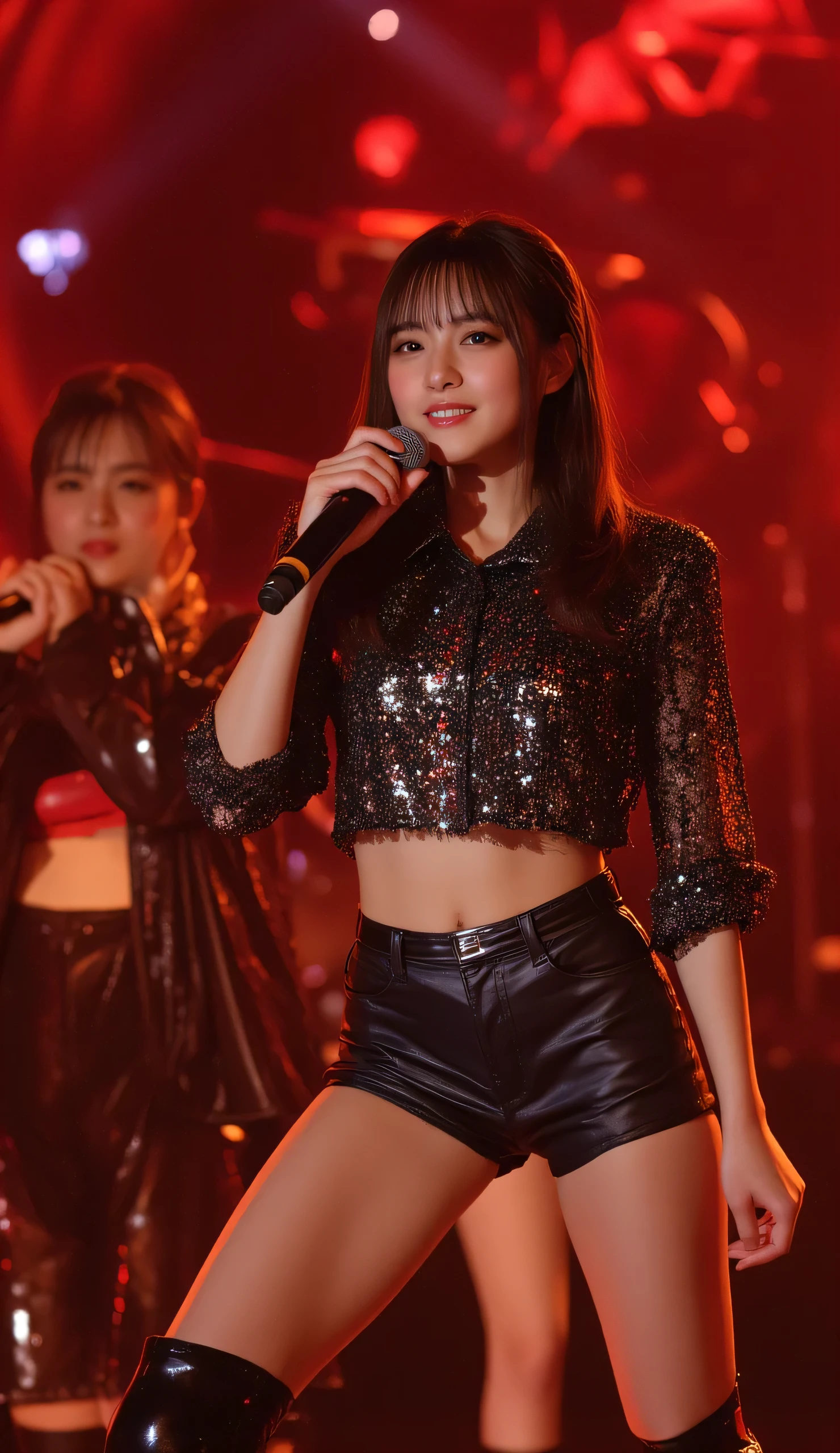 ( best quality,Super detailed､ high res illustration,Ultra-high-definition CG,caustic, Improve skin quality,reality,masterpiece:1.2,  high detail, Physical Beauty: 1.4 ,   Extremely Detailed Face and Skin Textures  ,  beautiful eyes,  double eyelids、8k、35mm Lens、Realistic: 1.37、Brighten the screen,17th Generation, half Japanese Half Filipino,(()),((165cm)),((smile)),((Big breasts)),((Wow with Black bangs long)),((((((shirt and sequined shorts)))))),(((standing))),((Concert Venues,stage)),(((Three-Quarter Length))),(Sing with a microphone)