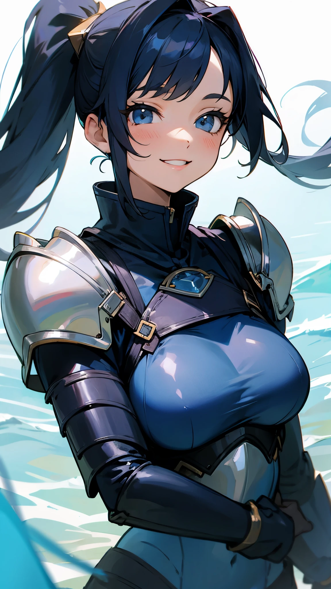 (masterpiece, highest quality)、Intricate details、8k、Sharp focus、(Bokeh) (highest quality) (Detailed skin:1.3) (Intricate details) (8k) (Fine grain) (anime)、18-year-old girl, Black Hair, Side Ponytail, smile, Lightweight blue bikini armor, Blue gloves, Relaxed pose, Blue sky background、In front of a block wall、Upper body close-up、Background Blur、Depth of the drawn border、柔らかいsmile、smile