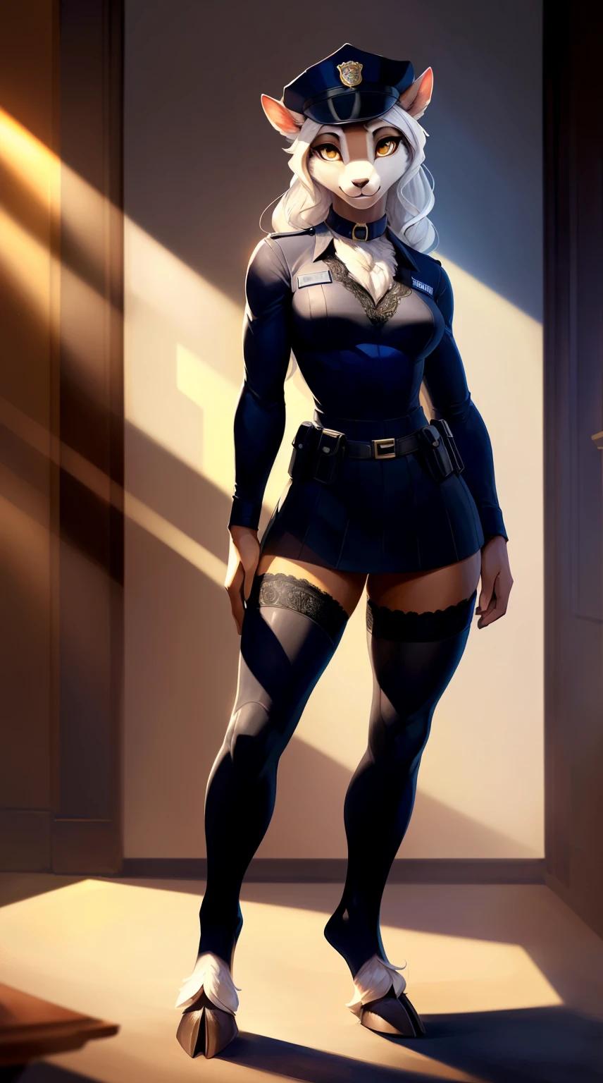 uploaded on e621, by fluff-kevlar, by Pixelsketcher, by Bayard Wu, by Thomas Benjamin Kennington, by Einshelm, solo anthro, ((Portrait)), ((JudyHopps, (police uniform, blue shirt, leather black skirt), short black side haircut, see-through black stockings, black latex boots, high heels)), seductive gase, exited face, out of breath, super horny, ((mouth open)), purple eyes, (detailed Bonifasko lighting), (Detailed fur), (detailed skin), (Cinematic lighting), ((Detailed background, grey office room)), (half body shadow), [explict content], [sharp-focus], (Questionable content), (shaded), ((Masterpiece), (Long asymmetrical wavy hair, very long hair, blonde bob), Average Breasts, pectoral muscles, Fluffy fallow bunny, Wavethesallow Face, furry fantasy art, anthro art, commission for high res, Furry art, pov furry art, Sakimichan is beautiful, Masterpiece, small breasts, Best Quality, Detailed image, Bright colors, Detailed Face, perfect lighting, Perfect shadows, Perfect eyes, focus on girl, flawless face, gorgeous body, Hourglass body, feet focus, Fluffy, fluffy woman, Body fur, Animal nose, muzzle, two-toned fur,1girl, full body, (Masterpiece:1.2), (Best Quality:1.2), (illustartion:1.2), (Cinematic lighting:1.3), Detailed fur, Furry, anthro, attractive body, sexy body, seductive gaze, thick-thighs, fit body, (See-through stockings, Best Stockings, elastic stockings, lacy stockings), Suggested Pose, Seductive Leg Pose, 