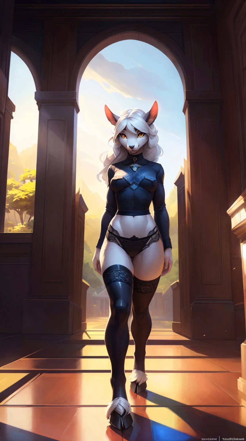 (alone), (masterpiece, Professional drawing), (8K, high resolution), Stand, smiling, ravishing appearance, anatomically correct, daytime, Garden, light, tree, Realistic lighting, detailled eyes, (1girl, solo), Loona \(Helluva Boss\), looking from behind, furry, tight glossy leggings, hourglass figure, round ass, 1girl, solo, hands on hips, sharp focus on back view