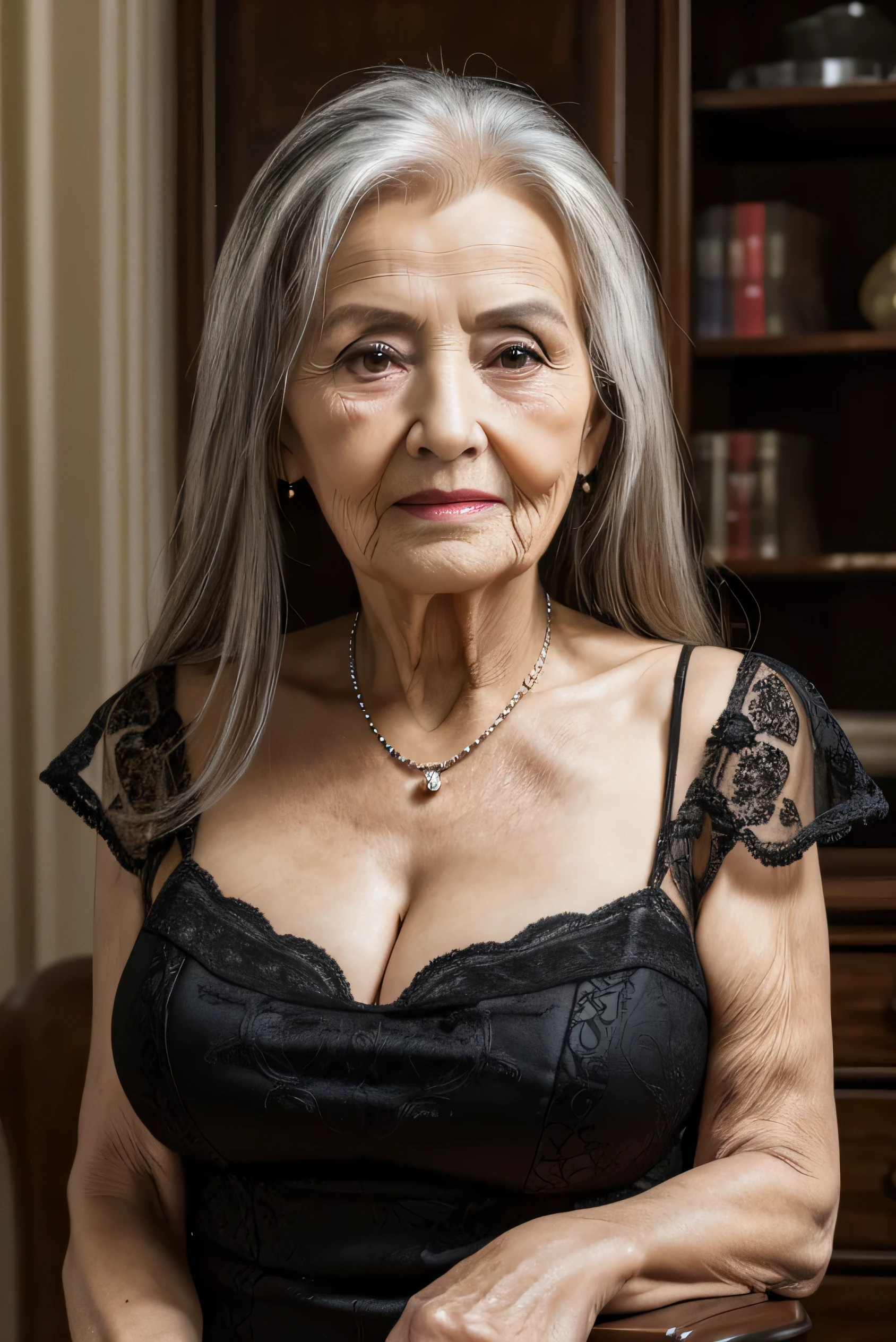 masterpiece, High resolution, Full body image,Written boundary depth, Beautiful mature woman, 80 years old, Long Hair,Face close-up, In a beautiful white dress, Sit on a chair, Flashy makeup, Beautiful breasts, Beautiful Face, Perfect body