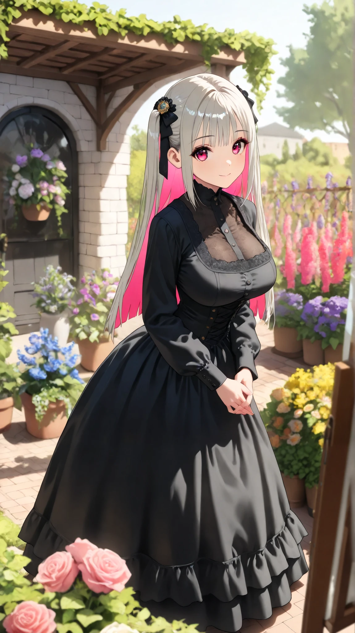 (In the green Outdoor Garden Standing, in front of a plantation wall, (Super detailed Backgrounds), Wearing a Black Victorian Dress, (large breasts), (Cute girl, AIU), solo, Delicately decorated, It is an elegant design, (Natural Light), (Medium long shot), Calm and gentle expression, (Cleaned up for the photo shoot), (Facing diagonally forward Put your hands together elegantly), (looking at viewer), (cute eyes), {{magenta eyes:1.8}}, (two side up hair style:1.0), (Hair Accessories), (straight hair), Black Victorian Dress, (magenta inner hair:1.3), Garden, masterpiece), (high resolution),(8k), (Best quality), Complete anatomy:1.3, Detailed clothing, Grey hair, {{magenta inner hair:1.3}},