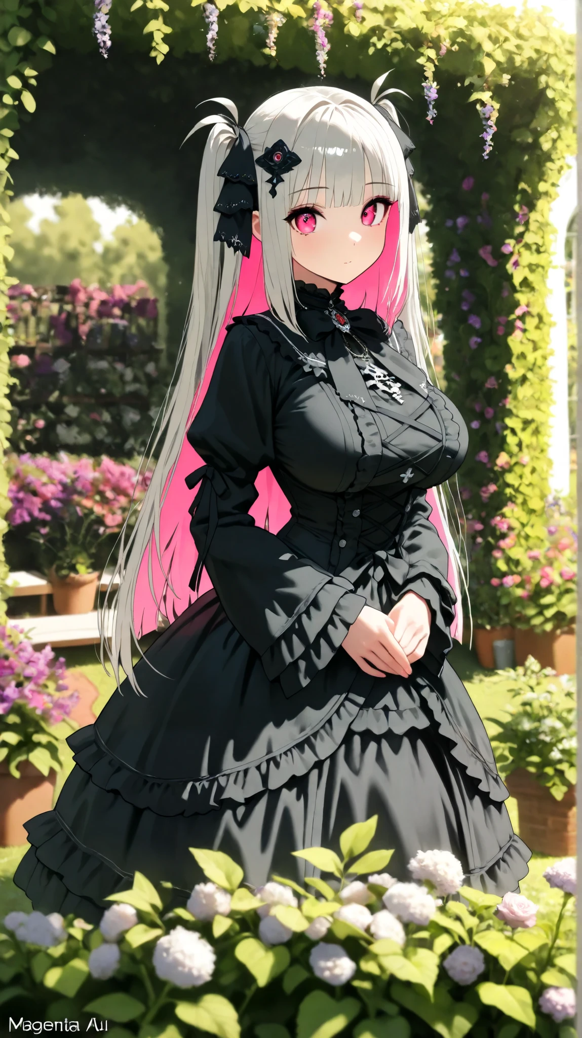 (In the green Outdoor Garden Standing, in front of a plantation wall, (Super detailed Backgrounds), Wearing a   Black Gothic Lolita Dress,  (large breasts), (Cute girl, AIU), solo, Delicately decorated, It is an elegant design, (Natural Light), (Medium long shot), Calm and gentle expression, (Cleaned up for the photo shoot), (Facing diagonally forward Put your hands together elegantly), (looking at viewer), (cute eyes), {{magenta eyes:1.8}}, (two side up hair style:1.0), (Hair Accessories), (straight hair),  Black Gothic Lolita Dress, (magenta inner hair:1.3), Garden, masterpiece), (high resolution),(8k), (Best quality), Complete anatomy:1.3, Detailed clothing, Grey hair, {{magenta inner hair:1.3}},