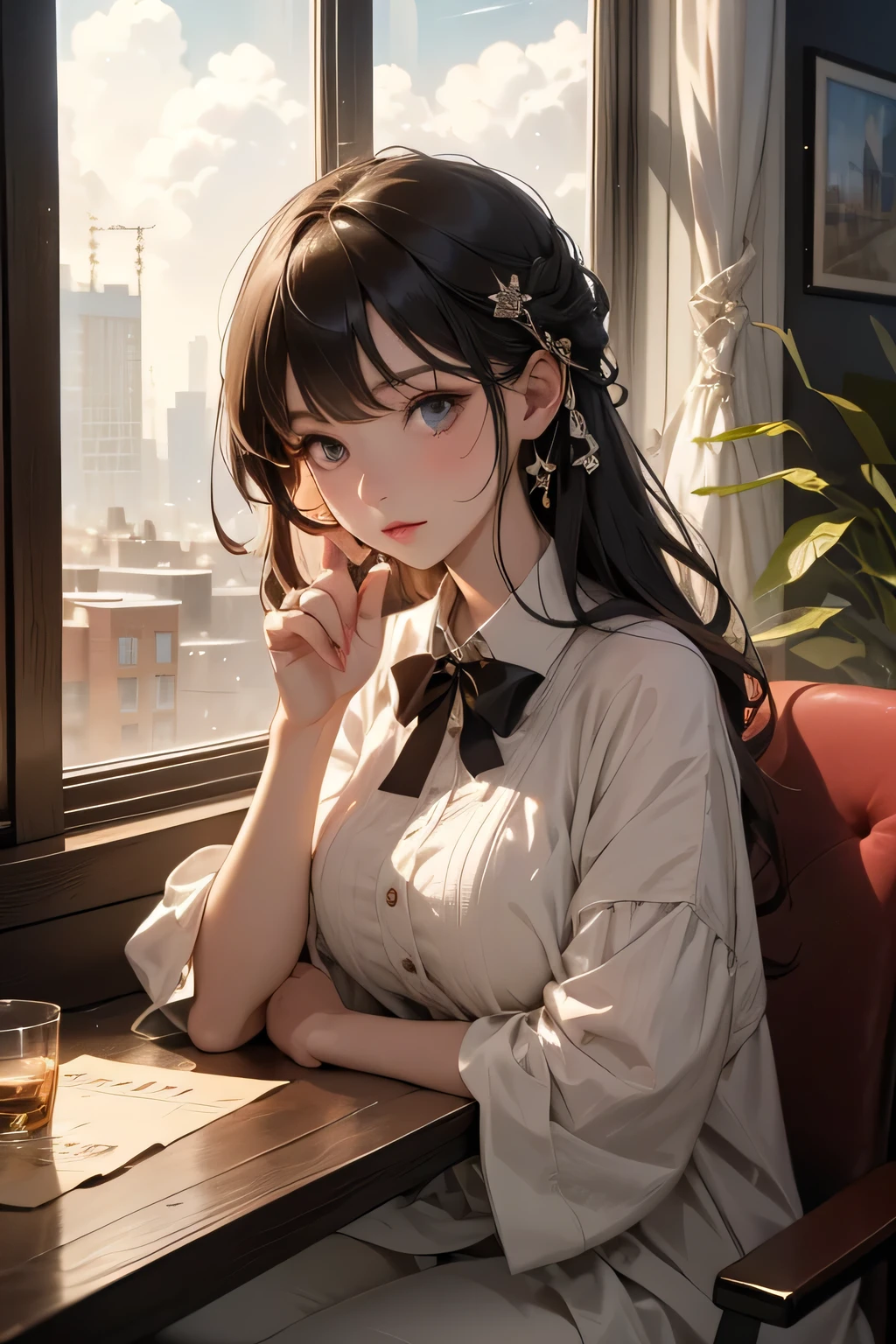 (8k, RAW photo, best quality, master:1.2), (realistic, photo-realistic:1.37), ultra detailed, 1 girl, cute, solo, beautiful detailed sky, detailed cafe, night, sitting, dating,(鼻子脸红),(微笑:1.1),(闭嘴),中等胸,美丽细致的眼睛,(领衬衫:1.1),领结,百褶裙,(短发:1.2),飘逸的头发