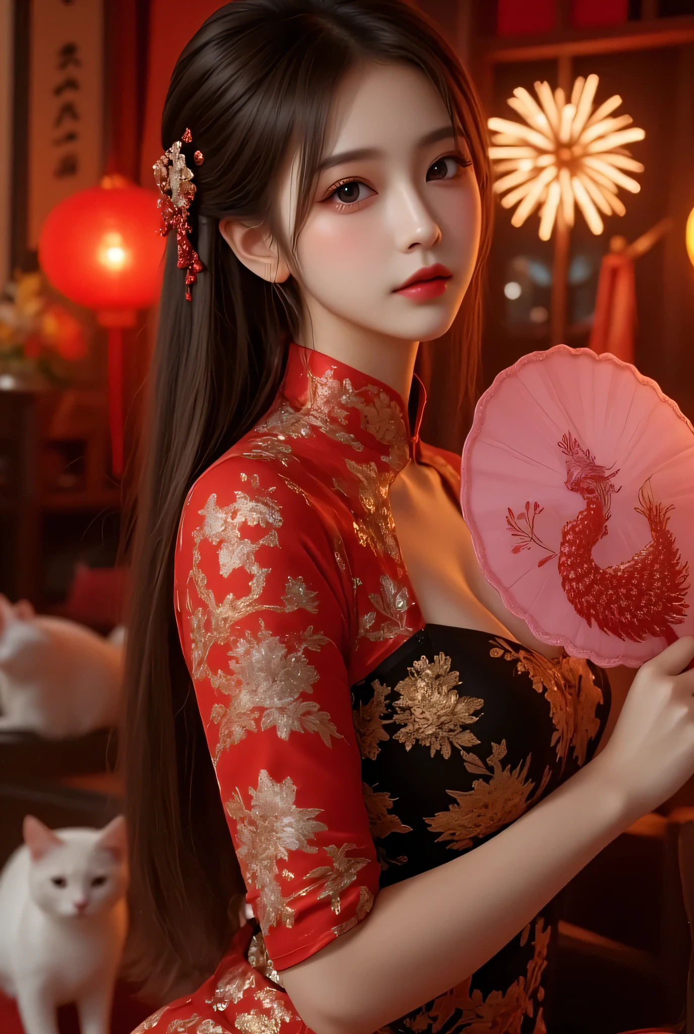 Cat ears、 face up, attractive, pretty girl, ponytail、 (( fine facial features , eroticism)), dramatic lighting , realistic , 8k, Dramatic Shadows , intricate and elaborate patterns , super detailed photo , chiaroscuro lighting , Pleasant colors , deep contrast , super real 、 pink lipstick、 warm room、Vintage Fireplace 、 cinematic composition、Close-up of face, pretty half part transparent open shoulder loose outfits dress, tang style, A beautiful Korean idol wearing a one piece red- black tightly cheongsam with phoenix and intricate floral golden embroidery, golden and silver outline on dress, hand hold pink feathers paper fan with golden ink drawing, standing gracefully in a room filled with traditional Chinese New Year decorations. The room features vibrant red lanterns, decorative calligraphy scrolls, a small Chinese orange tree with golden ornaments, and several red envelopes scattered across the floor and hanging from the tree. Adorable, playful cats are part of the scene—some sitting near the tree, others curiously pawing at the red envelopes or lounging around. Through a window or an open door in the background, vibrant Chinese fireworks light up the night sky in an array of reds, golds, and blues, casting a magical glow into the room. The idol’s outfit is paired with subtle accessories like red hairpins or earrings, complementing the festive look. The atmosphere is warm and lively, filled with the joyful essence of the celebration, enhanced by the shimmering lights of the fireworks and the lively decor.