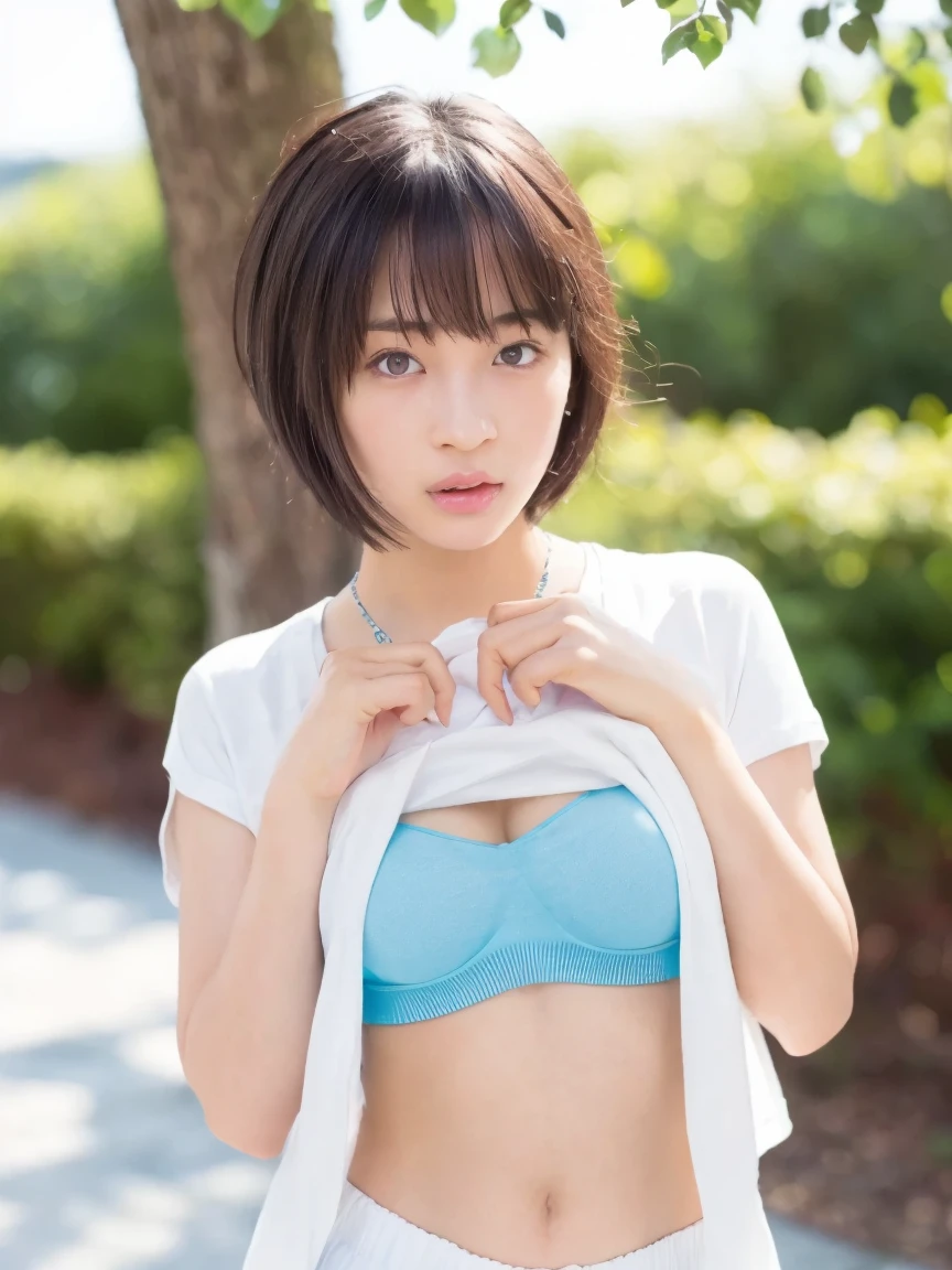 (((masterpiece))), ShizukaMikazuki, 1girl, solo, looking at viewer, short hair, brown hair, long sleeves, cleavage, medium breasts, closed mouth, collarbone, jacket, open clothes, open jacket, blue jacket, ground vehicle, sports bra, bicycle, paizuri,cum