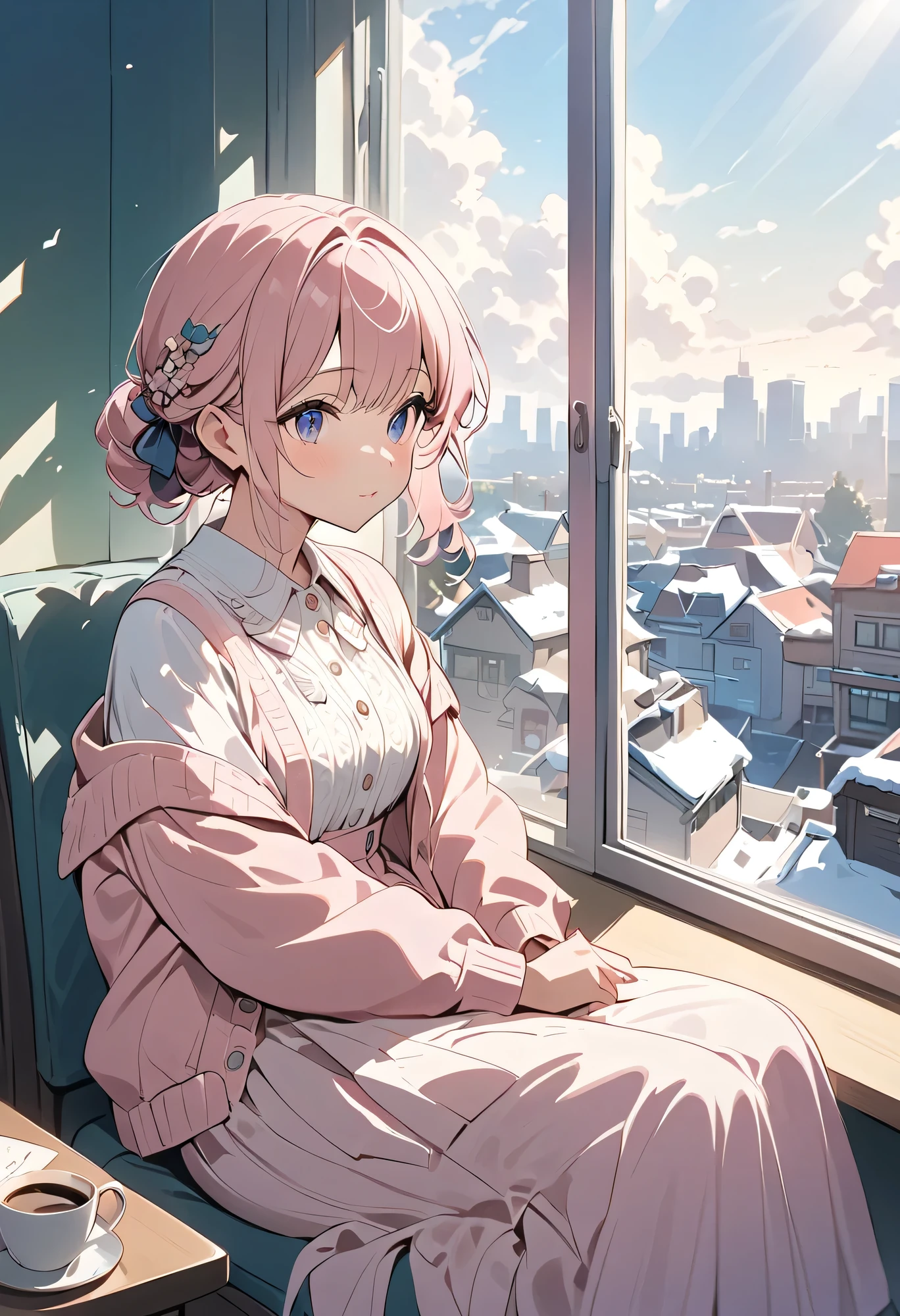 best quality 、 high resolution、( HD:1.2)、masterpiece、 detailed background 、 details、( detailed color:1.4)、 detailed expressions 、 detailed eyes、 anatomically correct、(Normal number of fingers:1.2)、 beautiful woman in her 20s 、( big size)、 A cute coffee shop with a nostalgic atmosphere where soft sunlight shines in 、That moment of quiet melancholy drifts in the air 、 The small items casually displayed in the interior that feels the warmth of wood create a gentle space 、
( A woman sitting by the window quietly staring at the winter cityscape through cloudy glass :1.5)、
The aroma of coffee rising from the cup blends with the sound of the piano flowing through the store and envelops her heart 、 A letter is placed on the table and ink that hasn't dried up yet is on her chest It tells the story of the inside、 The atmosphere spreads like the whole coffee shop gently hugging her 、
Wear a white frill blouse with a pink pleated skirt 、 The hem of the skirt creates a feminine atmosphere 、Lavender cardigan、 I recommend an updo that gives a cute impression 、 Add ribbons and hair accessories to half-ups, etc. 、 is cute