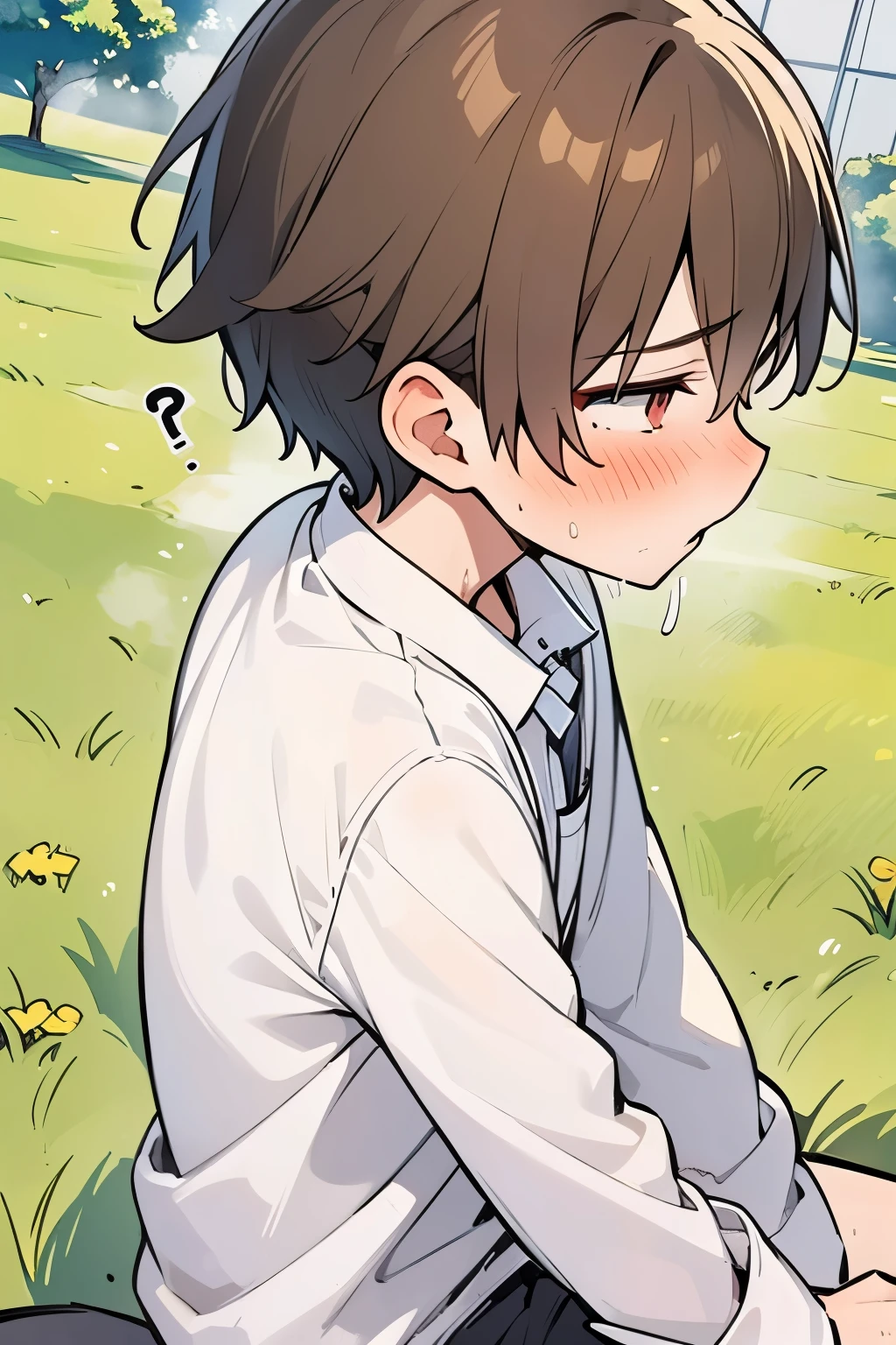 (1-boy :1.5),hypnotism,((Many question mark:1.0)),Short Hair, brown hair,♥️,(NSFW:0.5),(ahegao:0.8),slouch,Agony,(Intense pleasure, convulsions:0.75),Nervous,(heart eye:1.0), high school student from the side,Outdoor sex,Grassland, sex with the giant's uncle