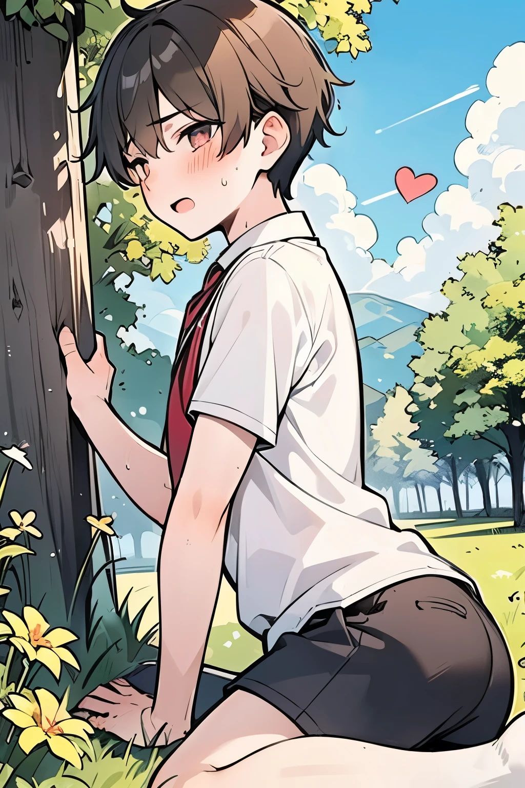 (1-boy :1.5),hypnotism,((Many question mark:1.0)),Short Hair, brown hair,♥️,(NSFW:0.5),(ahegao:0.8),slouch,Agony,(Intense pleasure, convulsions:0.75),Nervous,(heart eye:1.0), high school student from the side,Outdoor sex,Grassland, sex with the giant's uncle