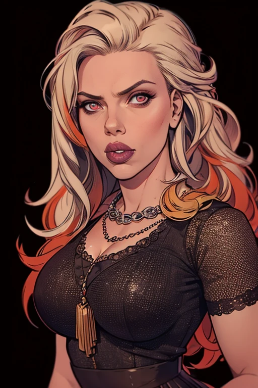 70 year old woman with long dyed blonde hair, with dark brown spots near the roots with dark red lipstick and a black line around her eyes.