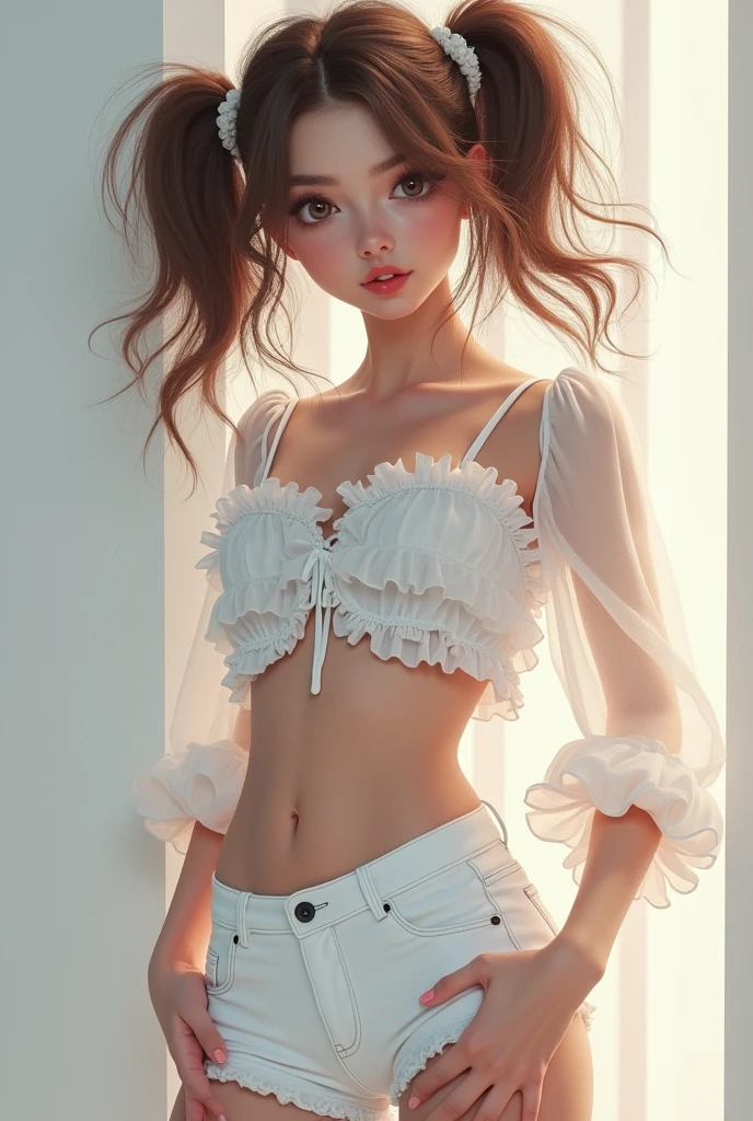 Realistically 3D illustration, photo of beautiful caucasian Pretty Girl, photorealistic, RAW portrait, Looking at viewers, messy twintails, absurdres, white transparent frilly shirt, Very−short high−legs cut pants, Street Fashion, (Cutest Idol Posing:1.4)