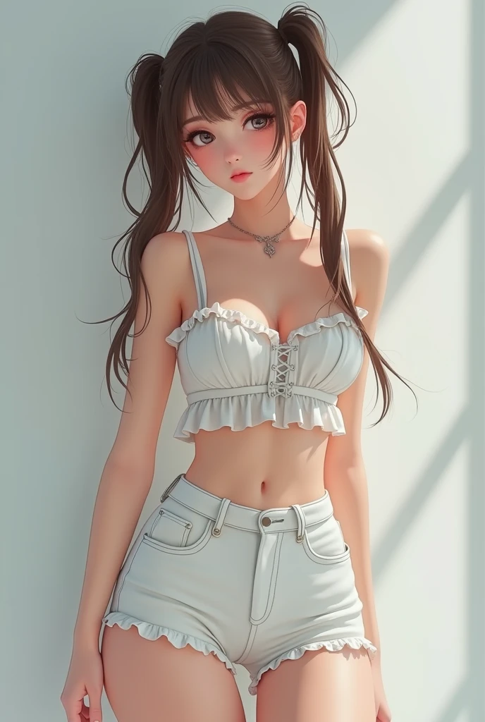 Realistically 3D illustration, photo of beautiful caucasian Pretty Girl, photorealistic, RAW portrait, Looking at viewers, messy twintails, absurdres, White transparent frilly camisole, Very−short high−legs cut pants, Street Fashion, (Cutest Idol Posing:1.4)