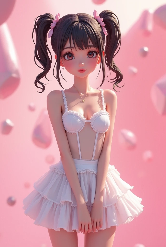 Realistically 3D illustration Anime Style, photo of beautiful caucasian Pretty Girl, photorealistic, RAW portrait, Looking at viewers, messy twintails, absurdres, White transparent frilly camisole, Micro−mini extreme−frilly skirt, Street Fashion, (Cutest Idol Posing:1.4), (platinum−pink background with multifaceted unevenness:1.44)