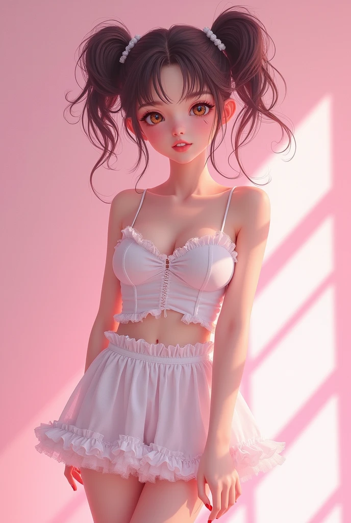 Realistically 3D illustration Anime Style, photo of beautiful caucasian Pretty Girl, photorealistic, RAW portrait, Looking at viewers, messy twintails, absurdres, White transparent frilly camisole, Micro−mini extreme−frilly skirt, Street Fashion, (Cutest Idol Posing:1.4), (platinum−pink background with multifaceted unevenness:1.44)
