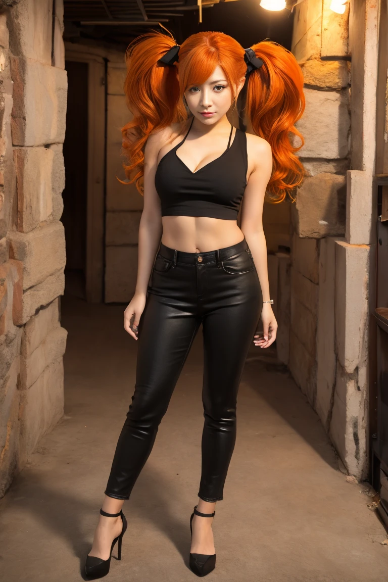 Beautiful Girl with Orange Hair, (Messy Twin Tails), 8K resolution, masterpiece, A highly detailed, solo, underground city, Tilt Shot, staggering, Ecstatic, Tube Tops, Looking at viewers