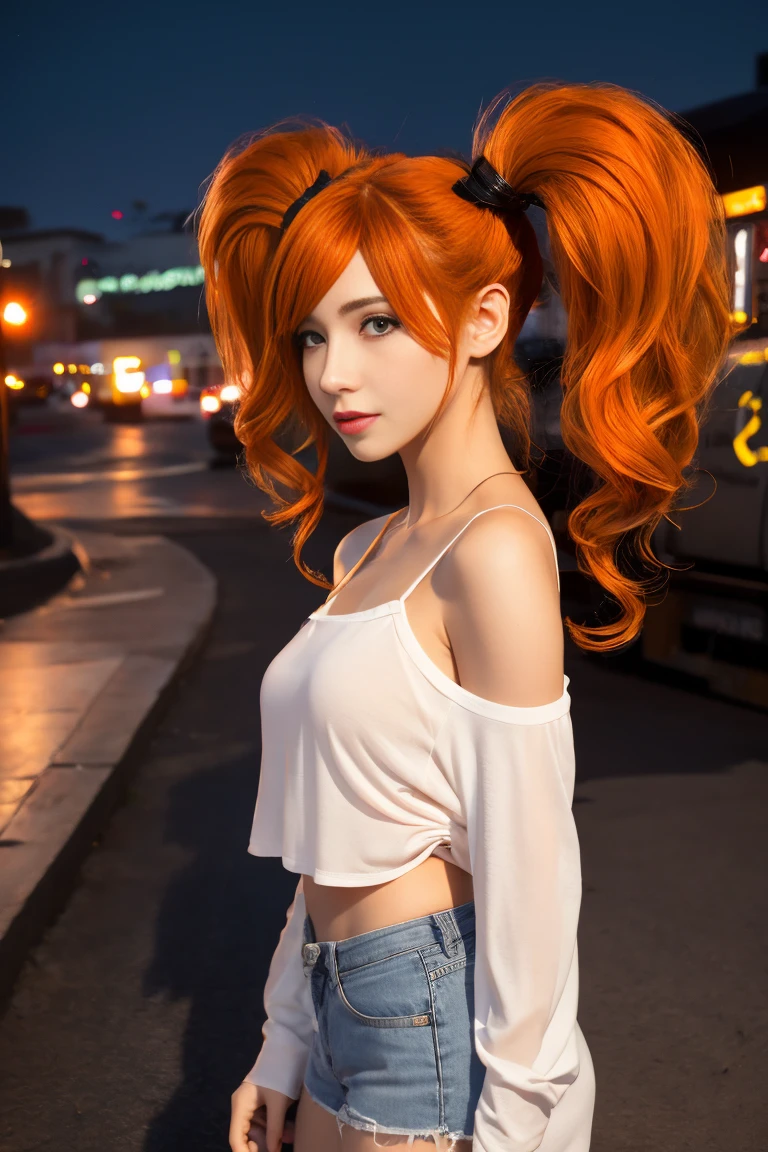 Beautiful Caucasian Girl with Orange Hair, (Messy twintails hair), gentle smiley, 8K resolution, masterpiece, A highly detailed, solo, ((Background is midnight of underground city)), Tilt Shot, staggering, Ecstatic, Street Fashion, Transparent Tube Tops, Looking at viewers 