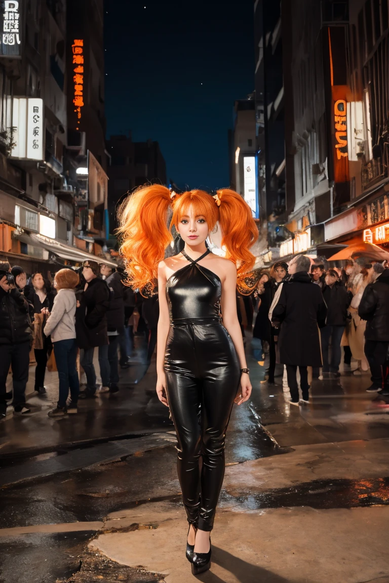 (((Extreme Close Fullbody Shot))), Beautiful Caucasian Girl with Platinum−Orange Hair, (Messy twintails hair), gentle smiley, 8K resolution, masterpiece, A highly detailed, solo, ((Background is midnight of underground city)), Tilt Shot, staggering, Ecstatic, Street Fashion, Transparent Tube Tops, Looking at viewers