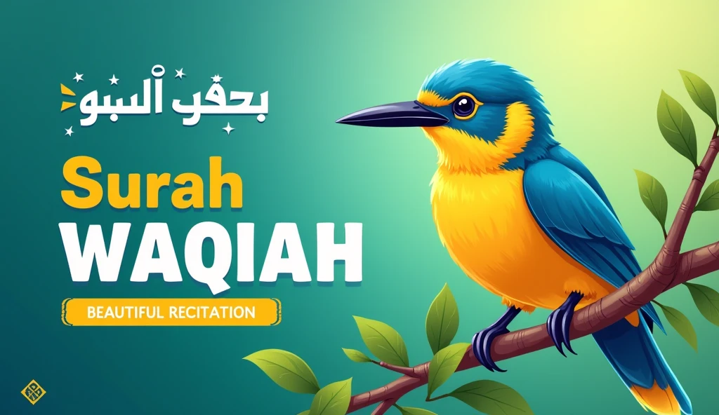 "Create a vibrant and colorful illustration featuring a bird with yellow and blue feathers perched on a branch with green leaves. The background should be a gradient of teal and green colors. On the left side of the image, include text in both Arabic and English. The Arabic text should read 'سورة الواقعة' and the English text should read 'Surah WAQIAH' in large, bold letters. Beneath that, in smaller yellow text, add 'BEAUTIFUL RECITATION'. Include a small decorative element at the bottom of the text to enhance the design."