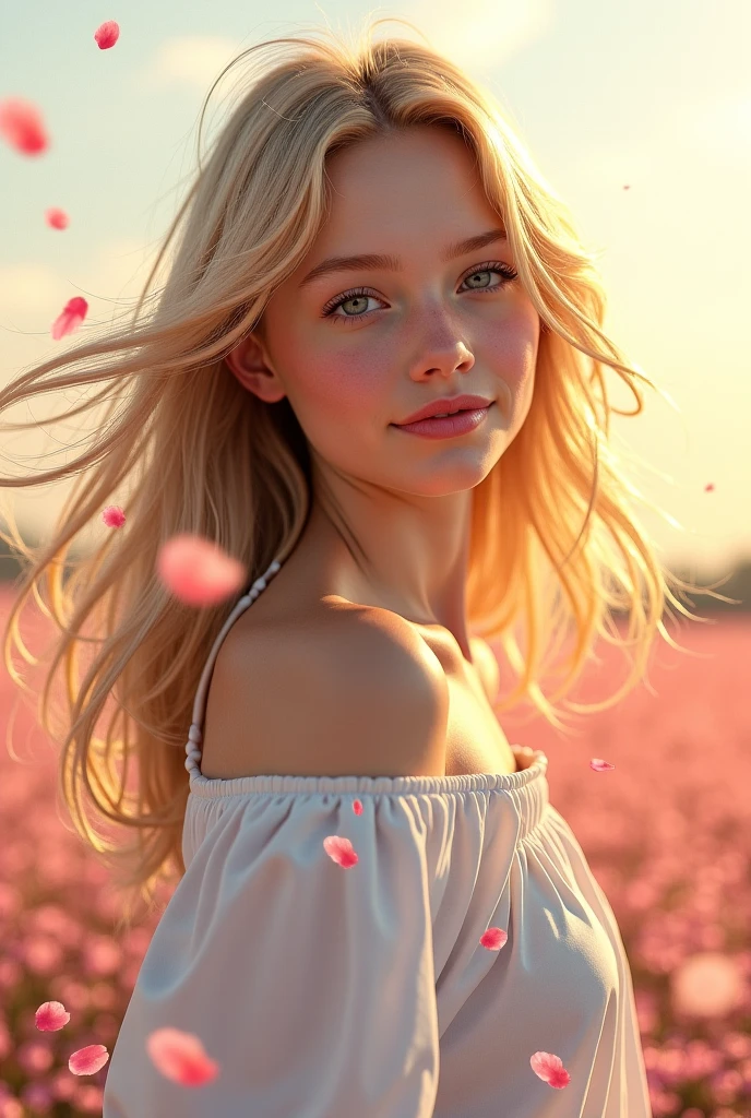 (Superbly crafted realistic paintings), (Scandinavian girl in her early teens:1.4), girl with medium−long platinum caramel hair, Small breast bulge, gentle smiley, Wearing white off-the-shoulder blouse, luminous design, pastel colors, ink dripping painting, A girl playing in the spring light, staring at viewer, (masterpiece, High quality:1.2), (8K HDR, RAW portrait:1.3), (Ultimately realistic 3D illustration), Upperbody shot, (hair waving in the wind:1.25), (Lots of beautiful petals dancing in the background:1.46), (Shining spring sunlight:1.44)