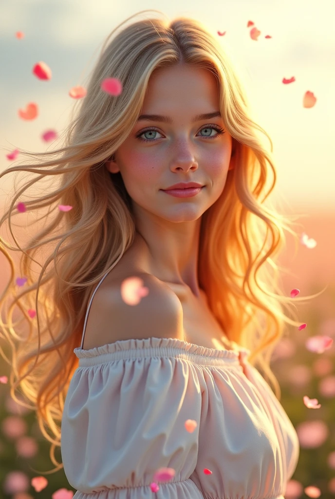 (Superbly crafted realistic paintings), (Scandinavian girl in her early teens:1.4), girl with medium−long platinum caramel hair, Small breast bulge, Nipples are erect, gentle smiley, Wearing white off-the-shoulder blouse, luminous design, pastel colors, ink dripping painting, A girl playing in the spring light, staring at viewer, (masterpiece, High quality:1.2), (8K HDR, RAW portrait:1.3), (Ultimately realistic 3D illustration), Upperbody shot, (hair waving in the wind:1.25), (Lots of beautiful petals dancing in the background:1.46), (Shining spring sunlight:1.44)