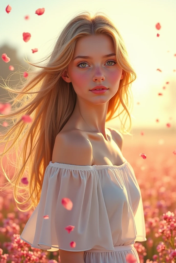 (Superbly crafted realistic paintings), (Scandinavian girl in her early teens:1.4), girl with medium−long platinum caramel hair, Small breast bulge, (Her nipples are so large and erect that you can see them through her blouse:1.43), gentle smiley, (Wearing white transparent off-the-shoulder blouse:1.41), luminous design, pastel colors, ink dripping painting, A girl playing in the spring light, staring at viewer, (masterpiece, High quality:1.2), (8K HDR, RAW portrait:1.3), (Ultimately realistic 3D illustration), Upperbody shot, (hair waving in the wind:1.25), (Lots of beautiful petals dancing in the background:1.46), (Shining spring sunlight:1.44)