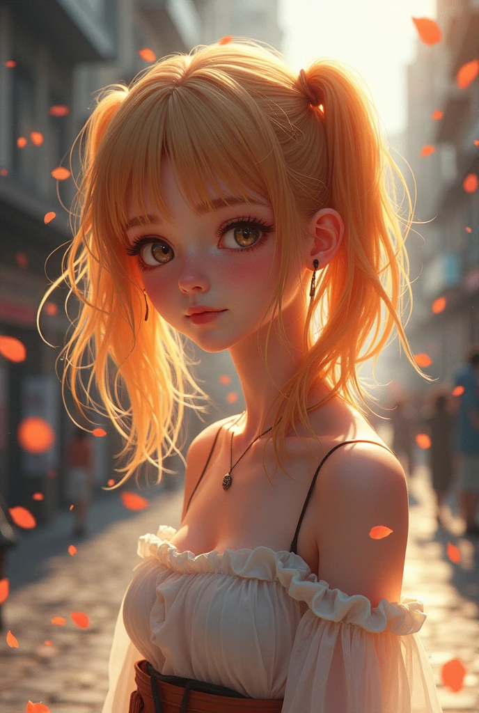 (((Extreme Close Fullbody Shot))), Beautiful Caucasian Girl with Platinum−Orange Hair, (Messy twintails hair), gentle smiley, 8K resolution, masterpiece, A highly detailed, solo, ((Background is midnight of underground city)), Tilt Shot, staggering, Ecstatic, Street Fashion, Transparent Tube Tops, Looking at viewers, (Superbly crafted realistic paintings), (Scandinavian girl in her early teens:1.4), girl with medium−long platinum caramel hair, Small breast bulge, (Her nipples are so large and erect that you can see them through her blouse:1.43), gentle smiley, Wearing white off-the-shoulder blouse, luminous design, pastel colors, ink dripping painting, A girl playing in the spring light, staring at viewer, (masterpiece, High quality:1.2), (8K HDR, RAW portrait:1.3), (Ultimately realistic 3D illustration), Upperbody shot, (hair waving in the wind:1.25), (Lots of beautiful petals dancing in the background:1.46), (Shining spring sunlight:1.44)
