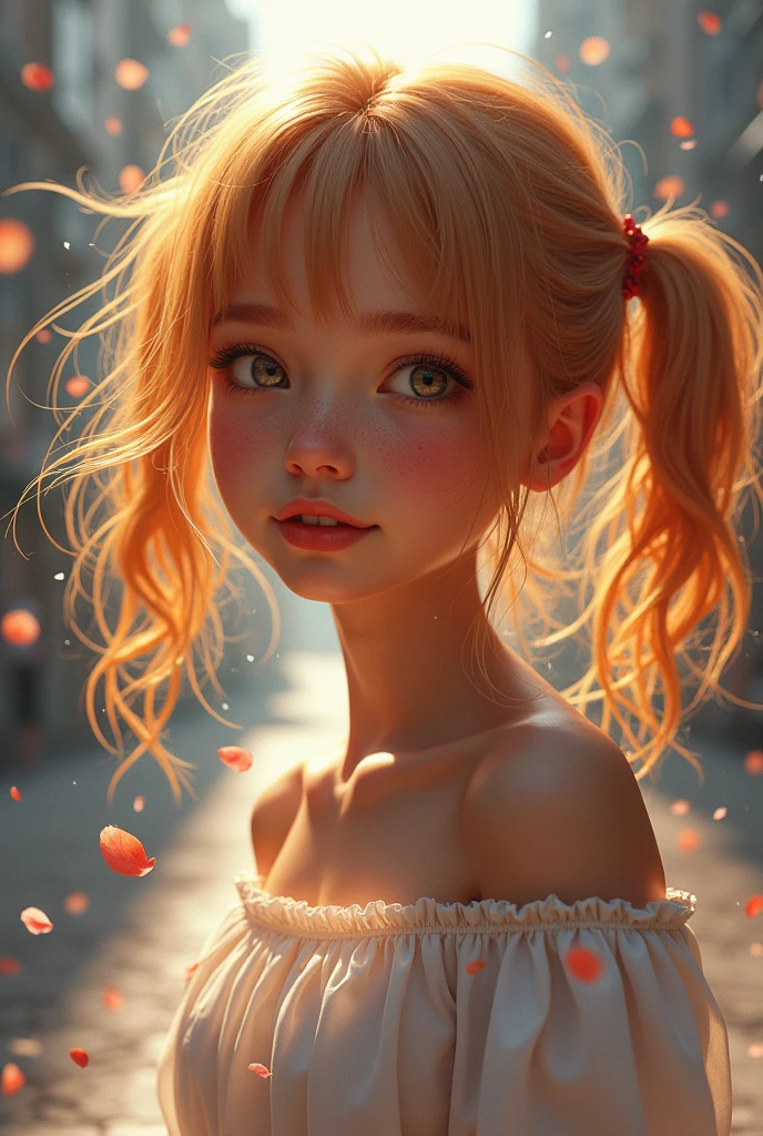 (((Extreme Close Fullbody Shot))), Beautiful Caucasian Girl with Platinum−Orange Hair, (Messy twintails hair), gentle smiley, 8K resolution, masterpiece, A highly detailed, solo, ((Background is midnight of underground city)), Tilt Shot, staggering, Ecstatic, Street Fashion, Transparent Tube Tops, Looking at viewers, (Superbly crafted realistic paintings), (Scandinavian girl in her early teens:1.4), girl with medium−long platinum caramel hair, Small breast bulge, (Her nipples are so large and erect that you can see them through her blouse:1.43), gentle smiley, Wearing white off-the-shoulder blouse, luminous design, pastel colors, ink dripping painting, A girl playing in the spring light, staring at viewer, (masterpiece, High quality:1.2), (8K HDR, RAW portrait:1.3), (Ultimately realistic 3D illustration), Upperbody shot, (hair waving in the wind:1.25), (Lots of beautiful petals dancing in the background:1.46), (Shining spring sunlight:1.44)